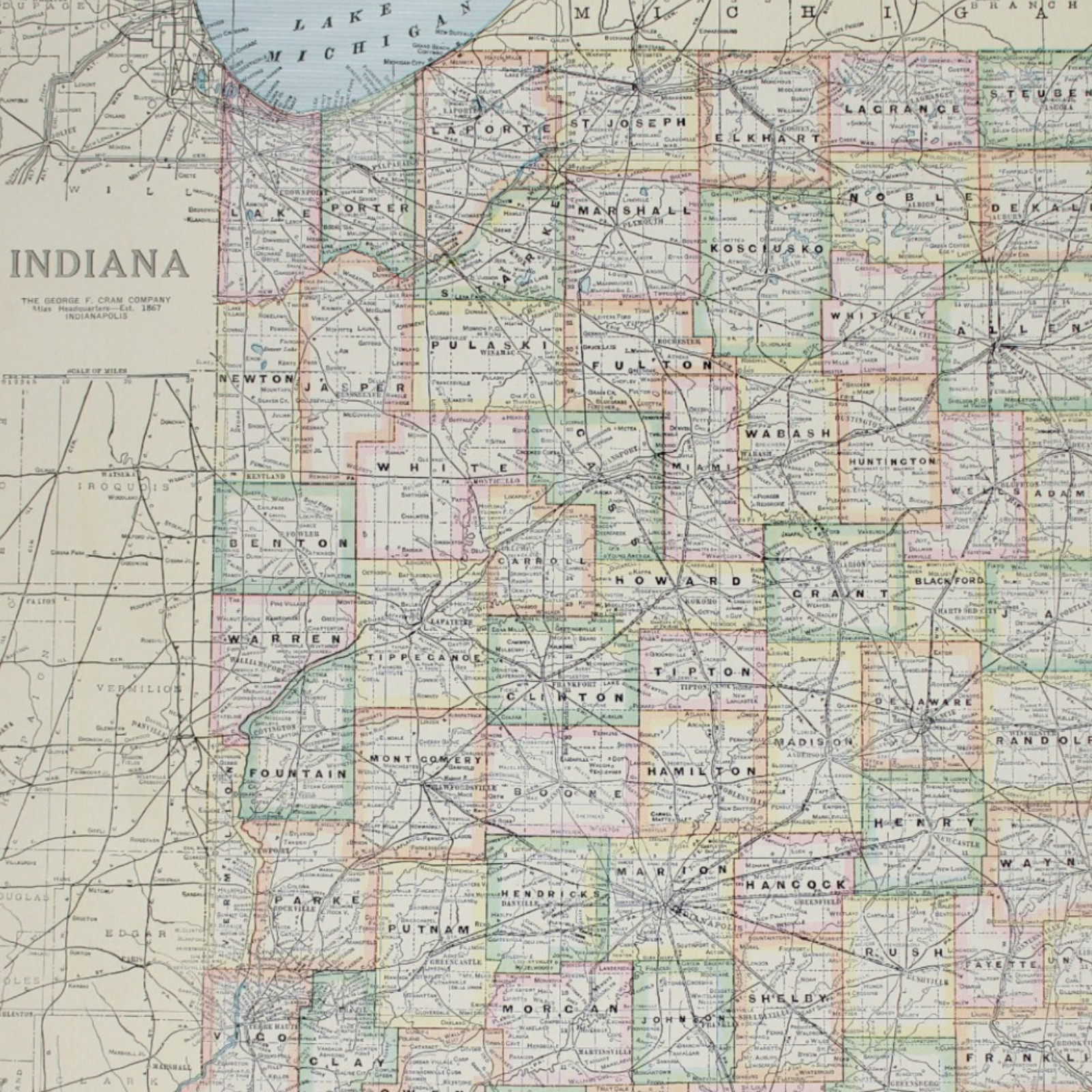 INDIANA Antique MAP STATE Counties Large COLOR 1928 21″x14″ Jazz Age 1920s