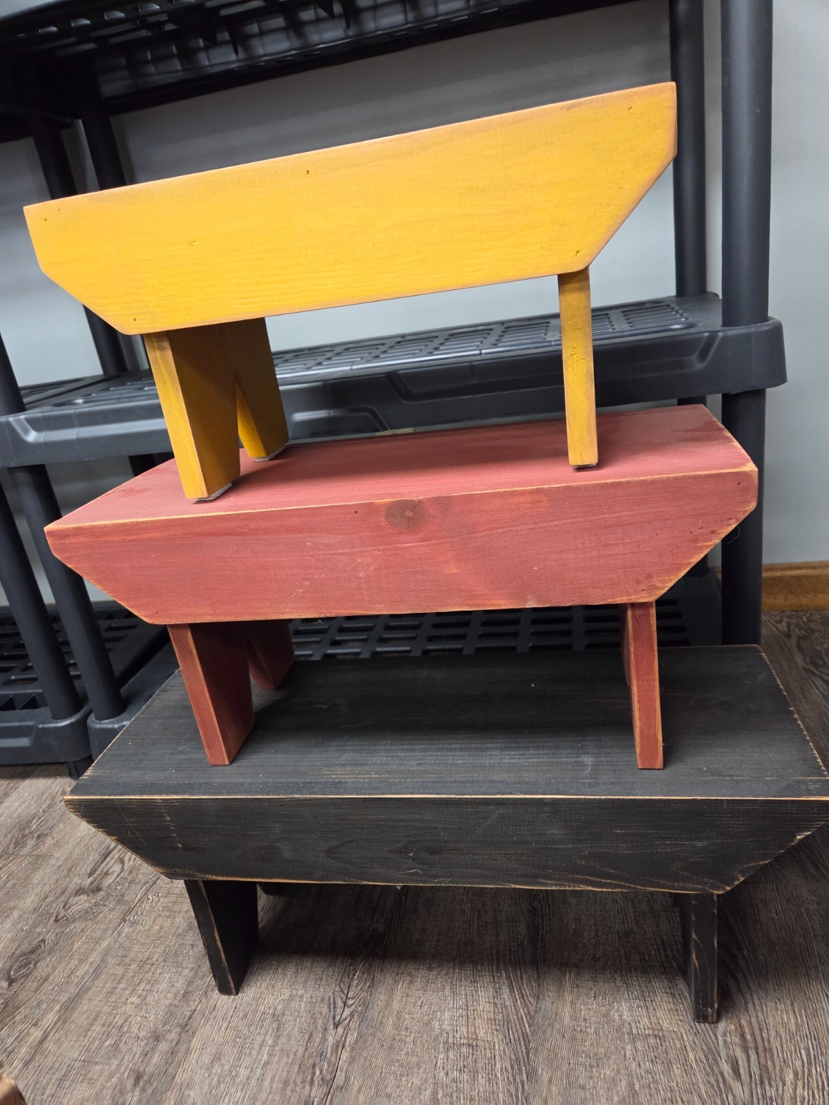Solid Wood Primitive Stacking Benches Hand Made Black Red Yellow Set of 3