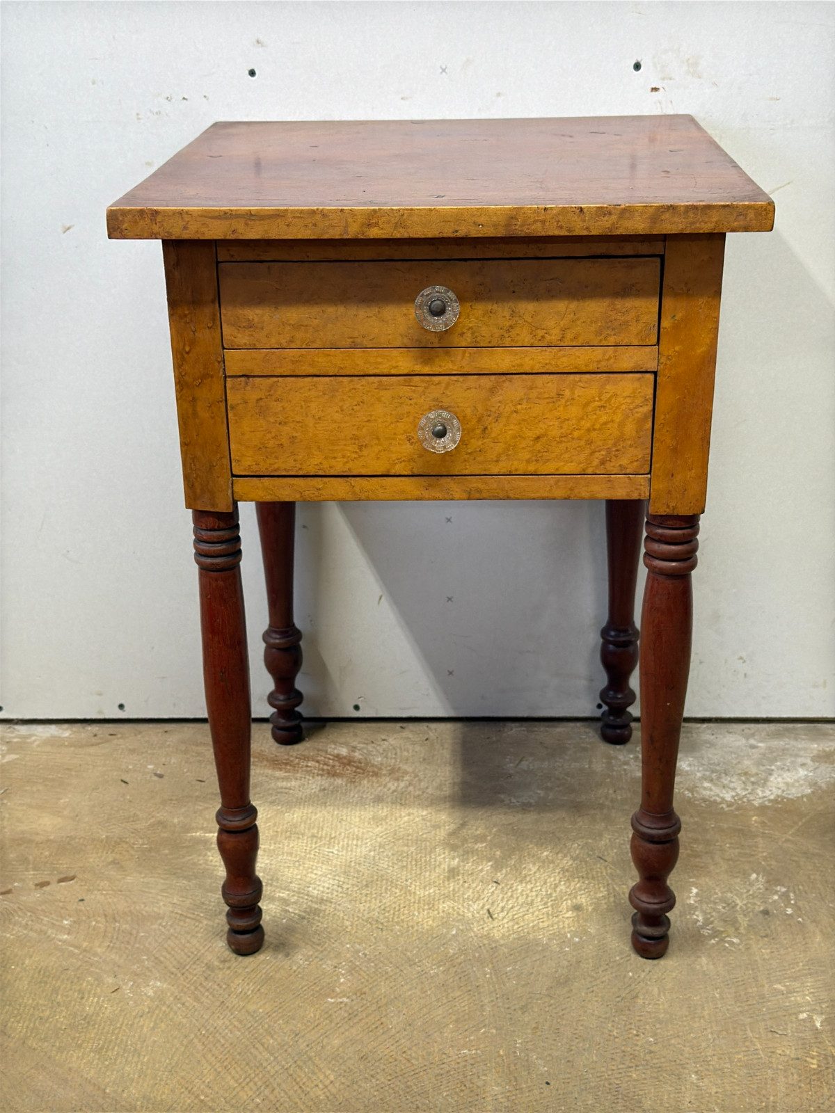 antique Birdseye maple & cherry red wash 2 drawer table stand Country Farm