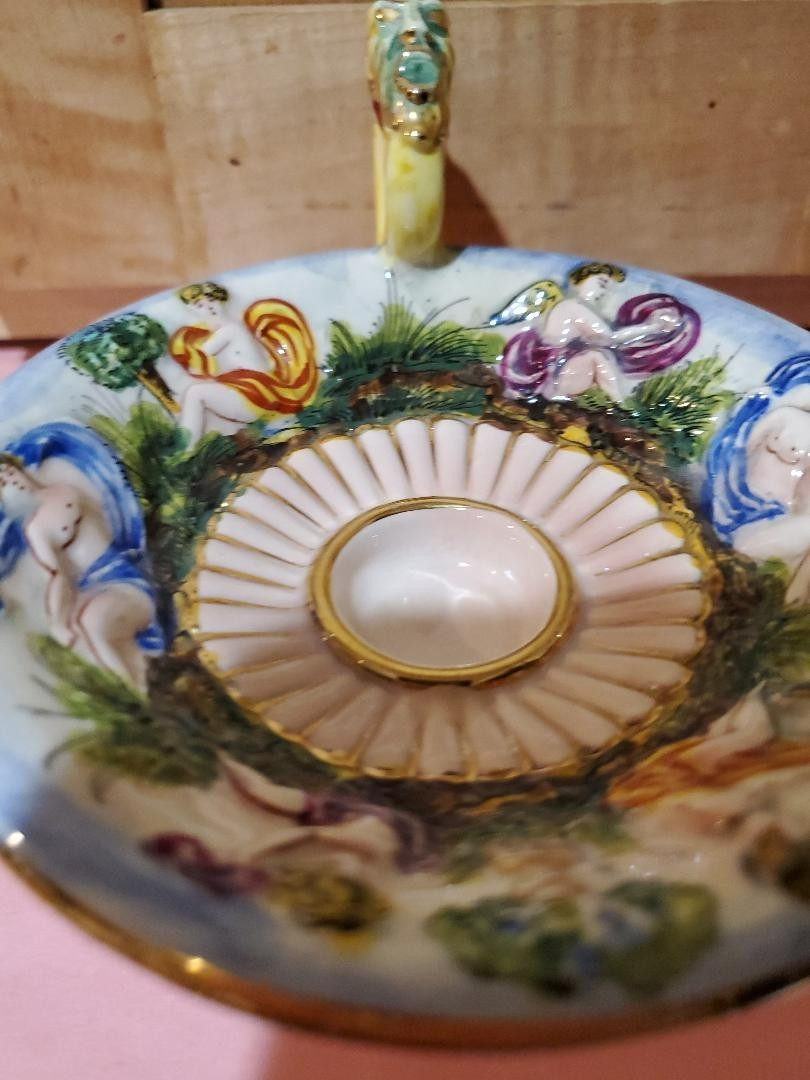 Capodimonte Handled Candle Holder CeramicVtg Cherubs-blue gold trim sign. Italy