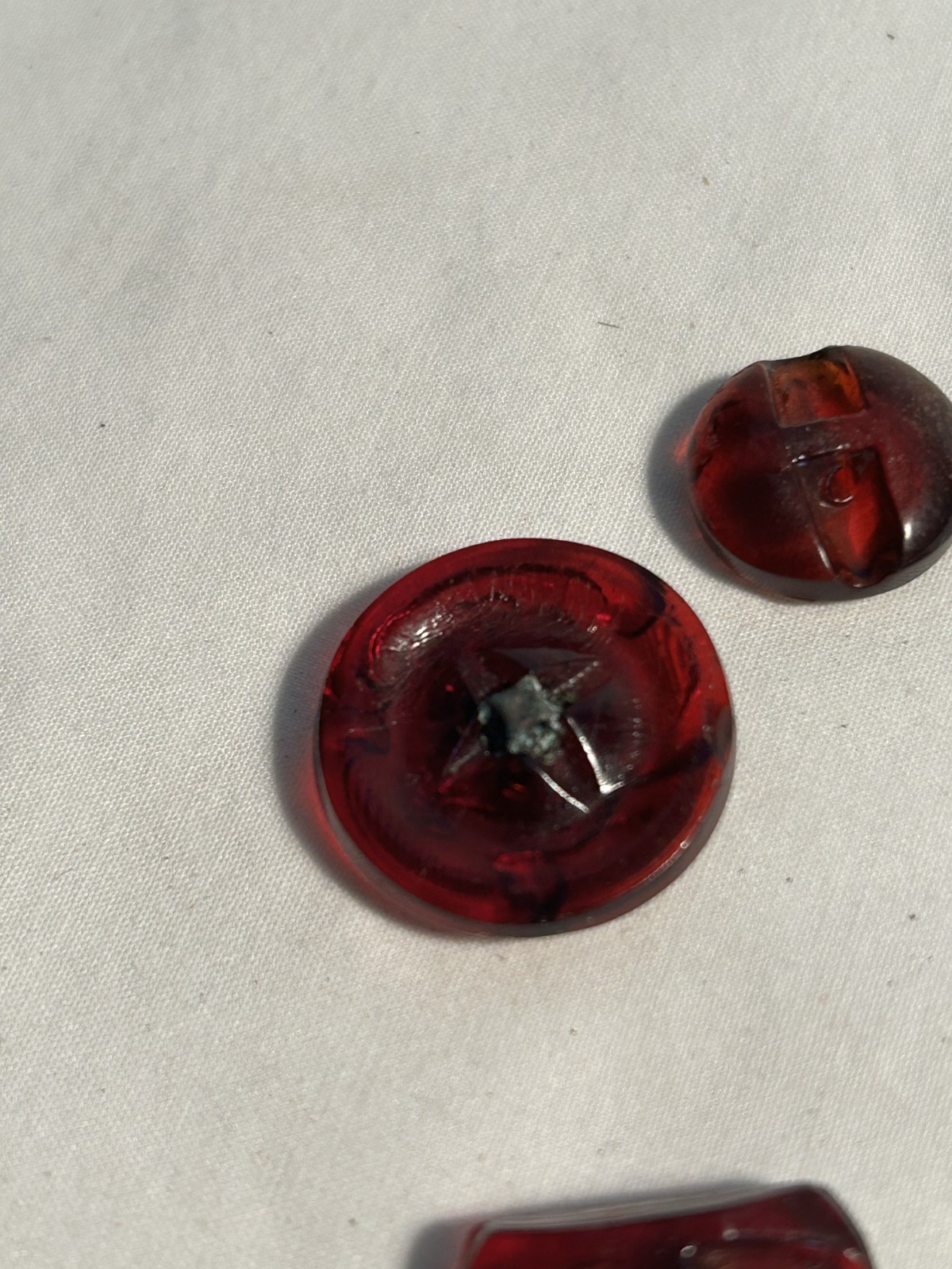 Vintage Sewing Buttons ~ Ruby Red and Gold Glass ~ Set of six total