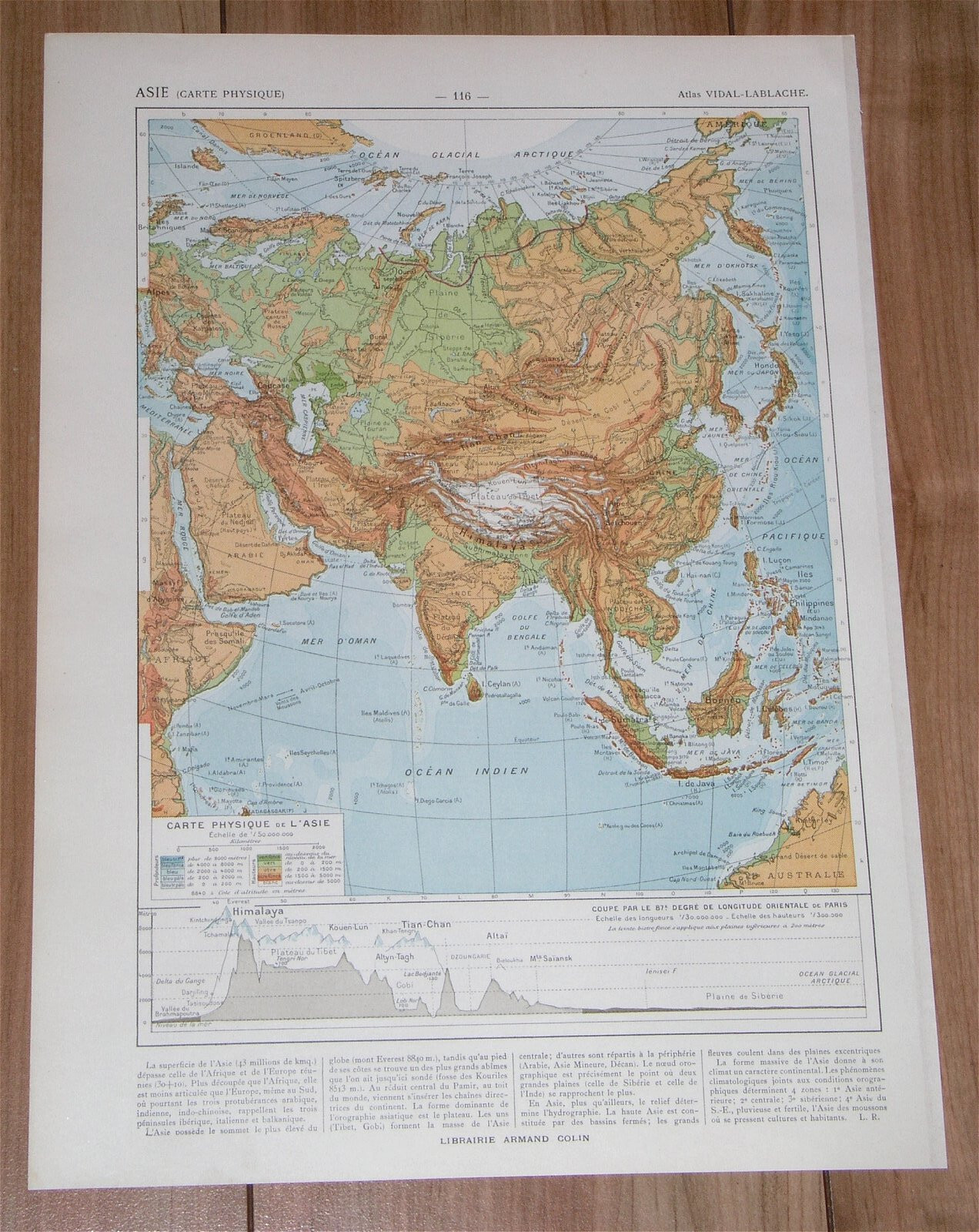 1925 VINTAGE PHYSICAL MAP OF ASIA / SAUDI ARABIA INDIA CHINA HIMALAYA SIBERIA