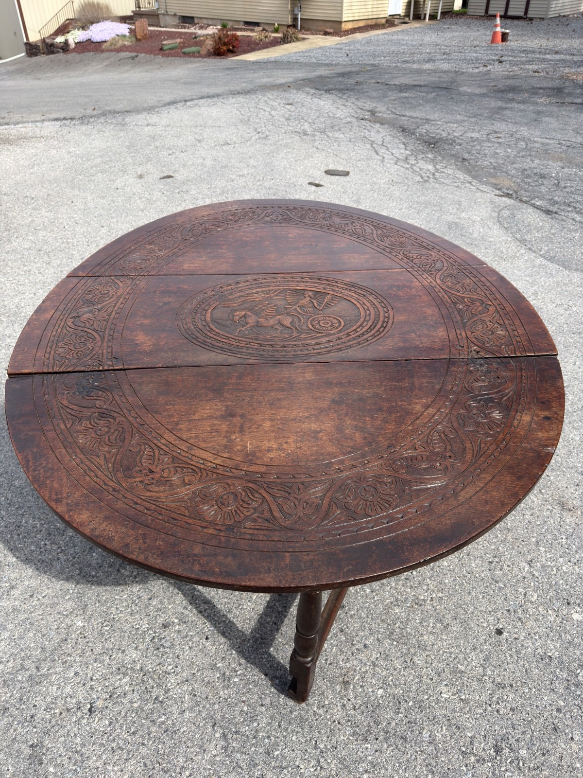 antique 18th Oak gate leg table stretcher base farm house William Mary pegged