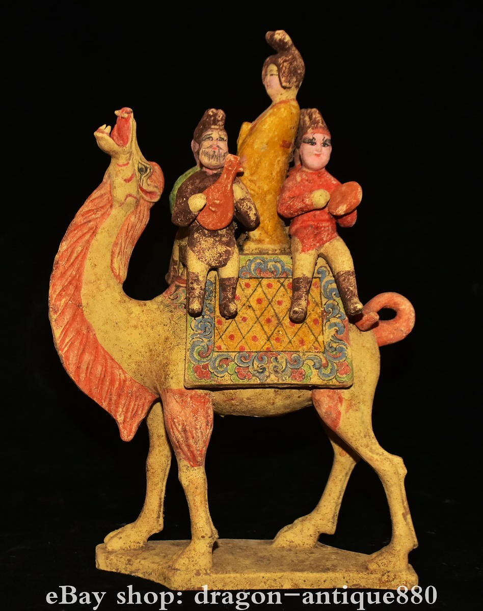 16″ Old Chinese Dynasty Tang Sancai Pottery band People camel Sculpture Statue