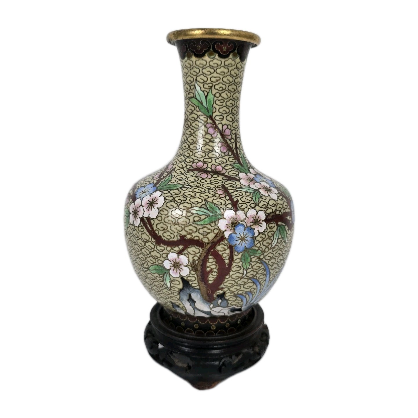 Vintage Chinese Cloisonne Enamel Bronze Floral Bird Decor Vase 7″ Wooden Stand
