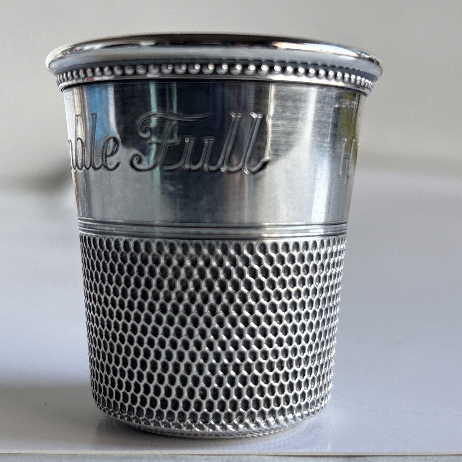 Thomae & Co. Sterling Silver “Only A Thimble Full” Shot Glass Jigger. “H.W.E”