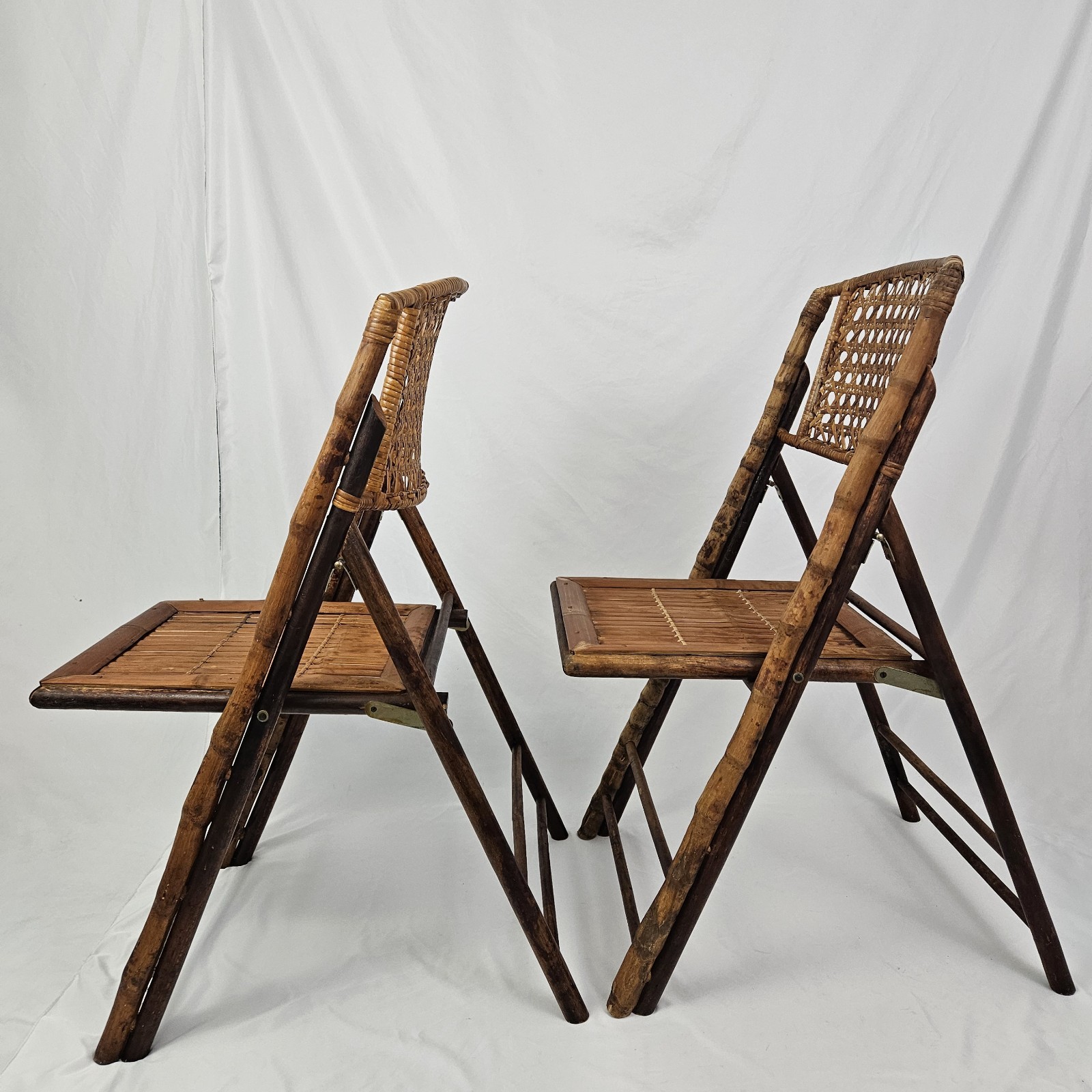 Vintage Folding Chair Set Tortoise Shell Bamboo W/Cane Back Dining MCM Boho