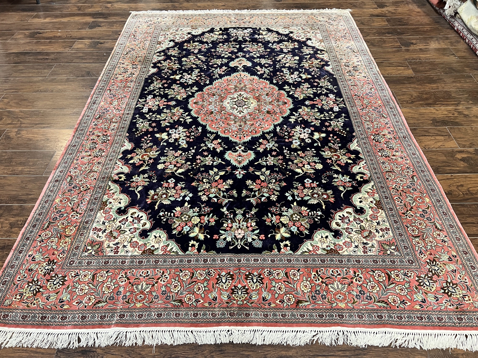 Stuning Silk Oriental Rug 7×9 Fine Handmade Navy Blue & Salmon Floral Medalion