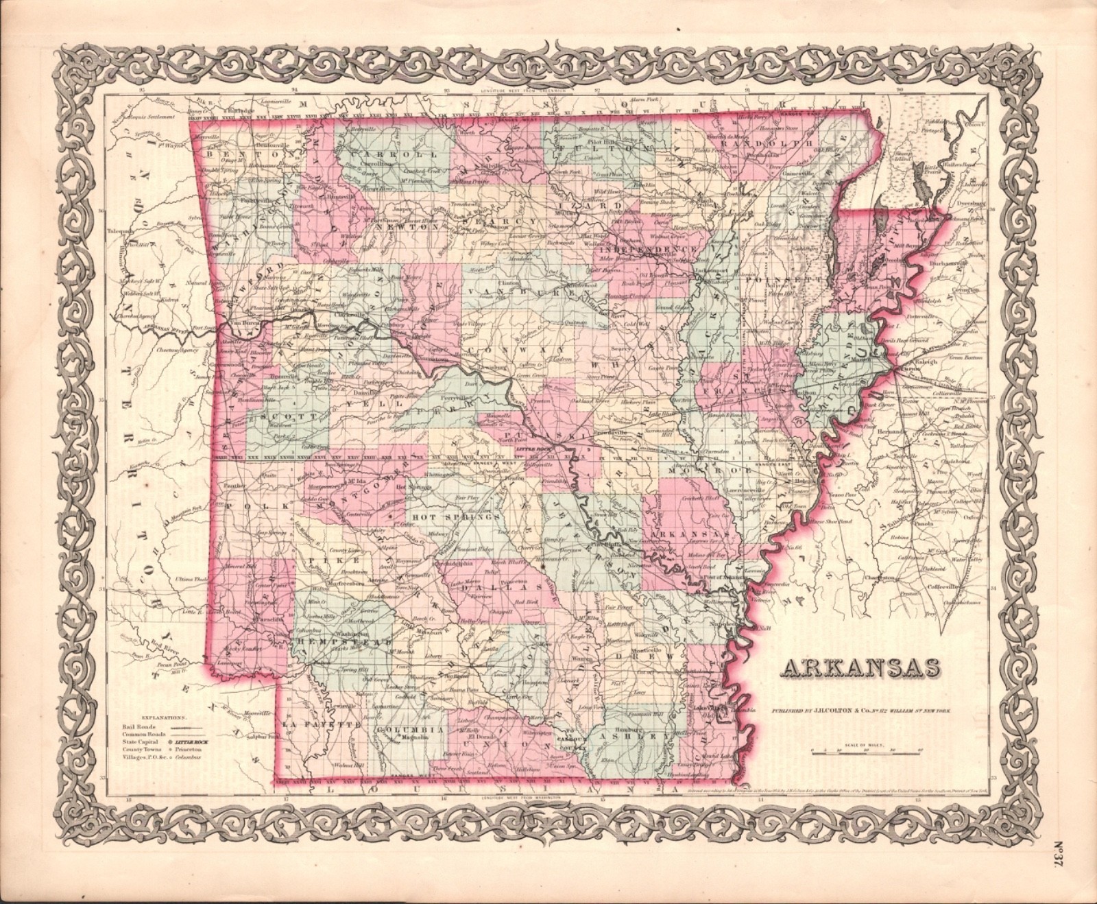 1855 ARKANSAS antique 14×17 Southern State map in the UNITED STATES OF AMERICA