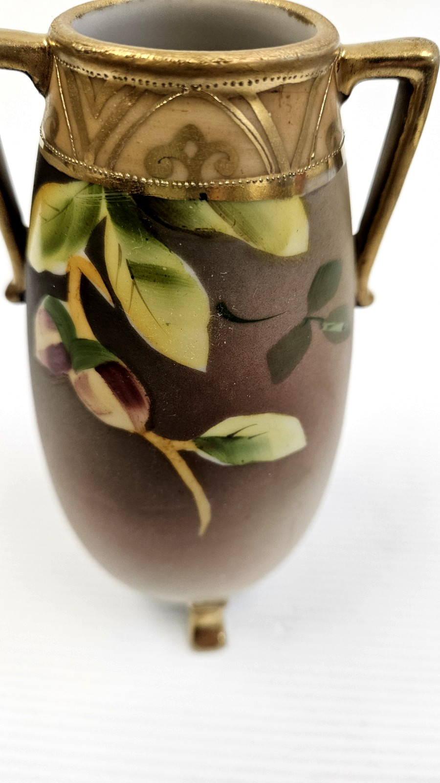 Nippon maple leaf Hand Painted 2-Handled, Tri-Footed Gold Gilt Trim Floral Vase