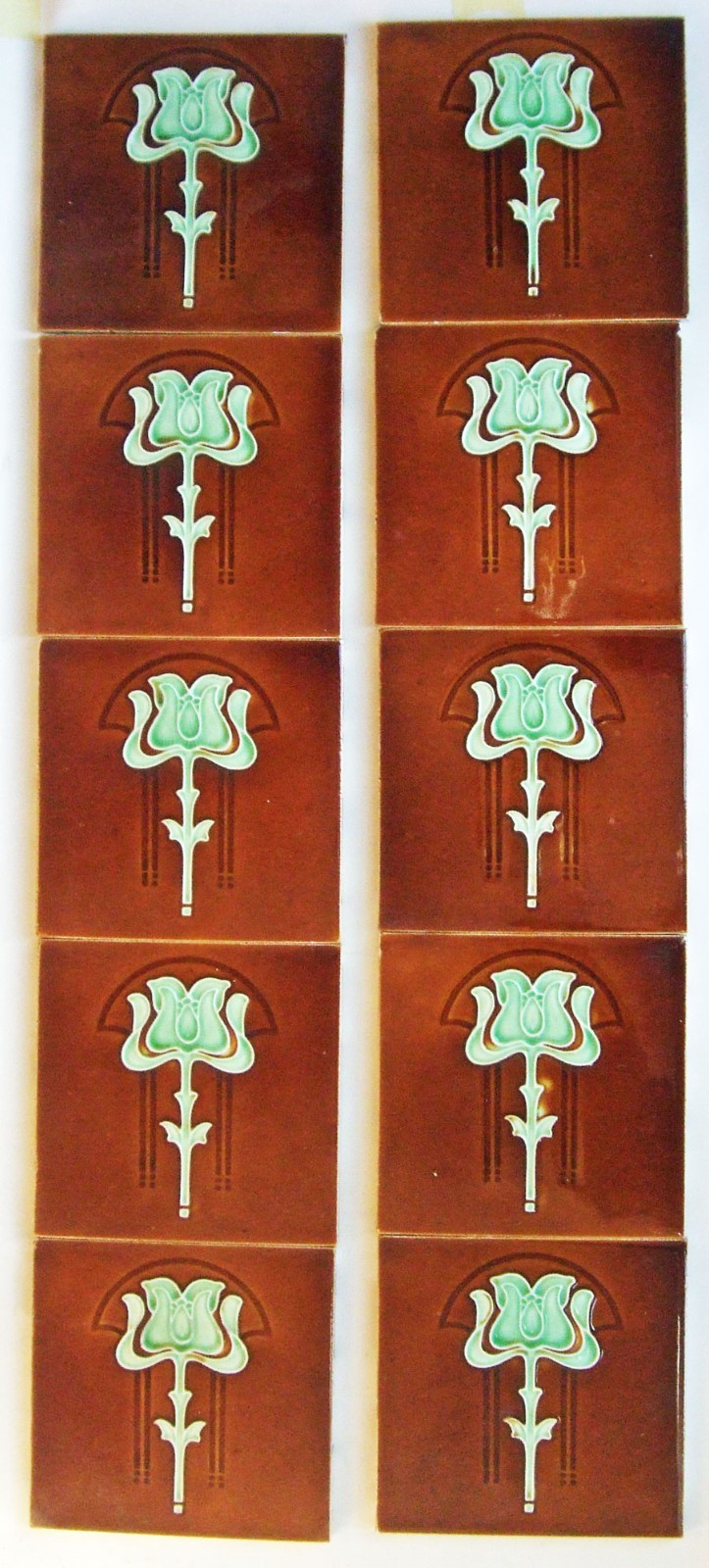 Set 10 Antique Art Nouveau / Mission Tulip Fireplace Tiles Full Original Set