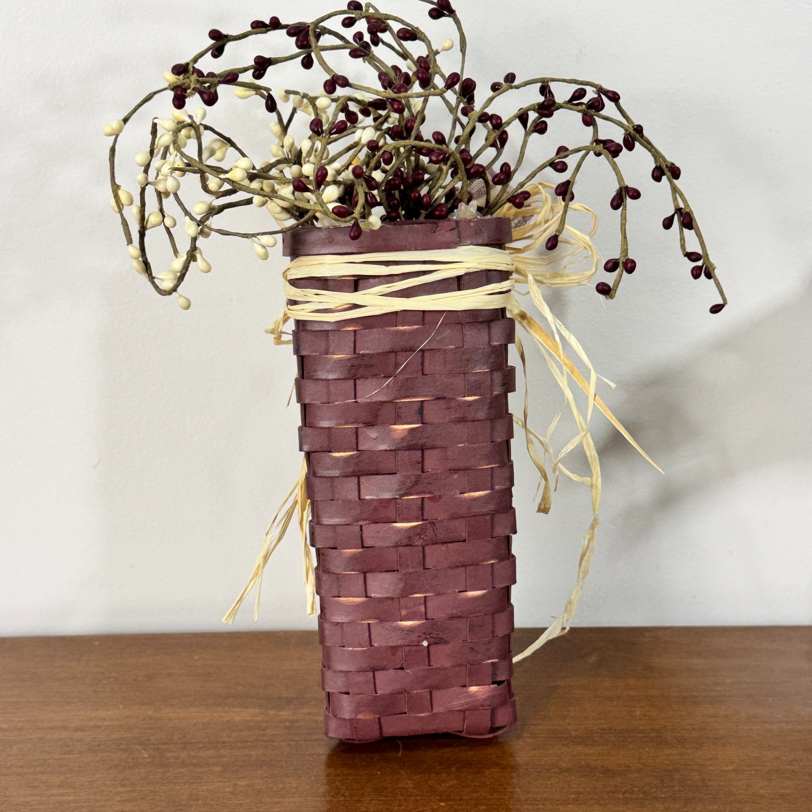Primitive Decor Dark Red Basket with Berries Rusted Heart