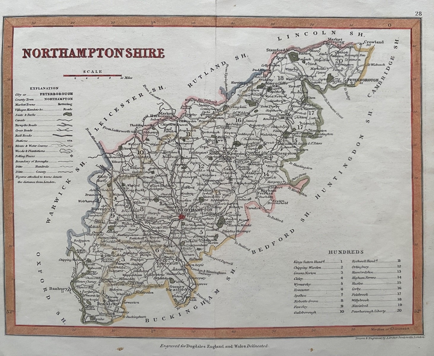 1850 Antique Map; Northamptonshire by Joshua Archer