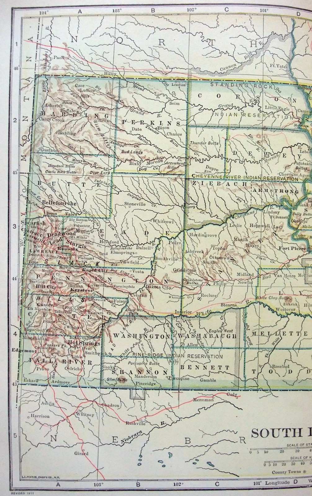 South Dakota – Original 1911 Dated Map by Dodd Mead & Company. Antique