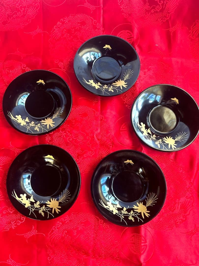 Wajima Lacquer Tea Coaster 5 Piece Set Gold MakiE Urushi Black Japan