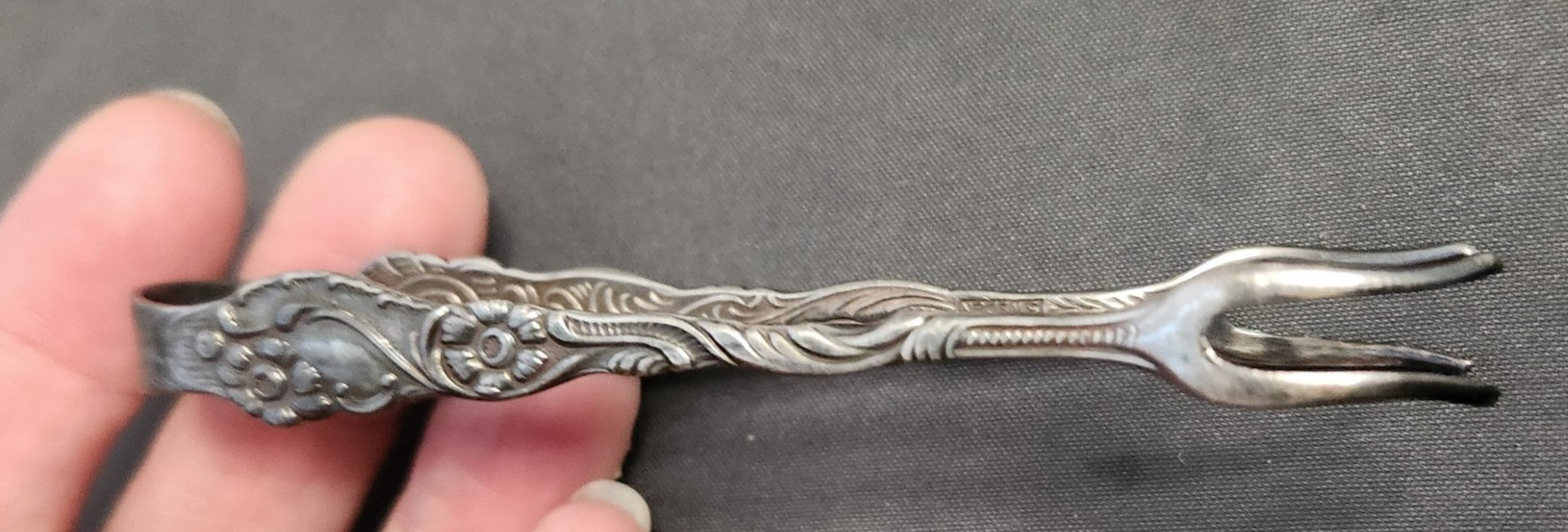 Vintage Sweden Silverplate Sugar Tongs Pickle Olive Fork Ornate Nils Johan 4