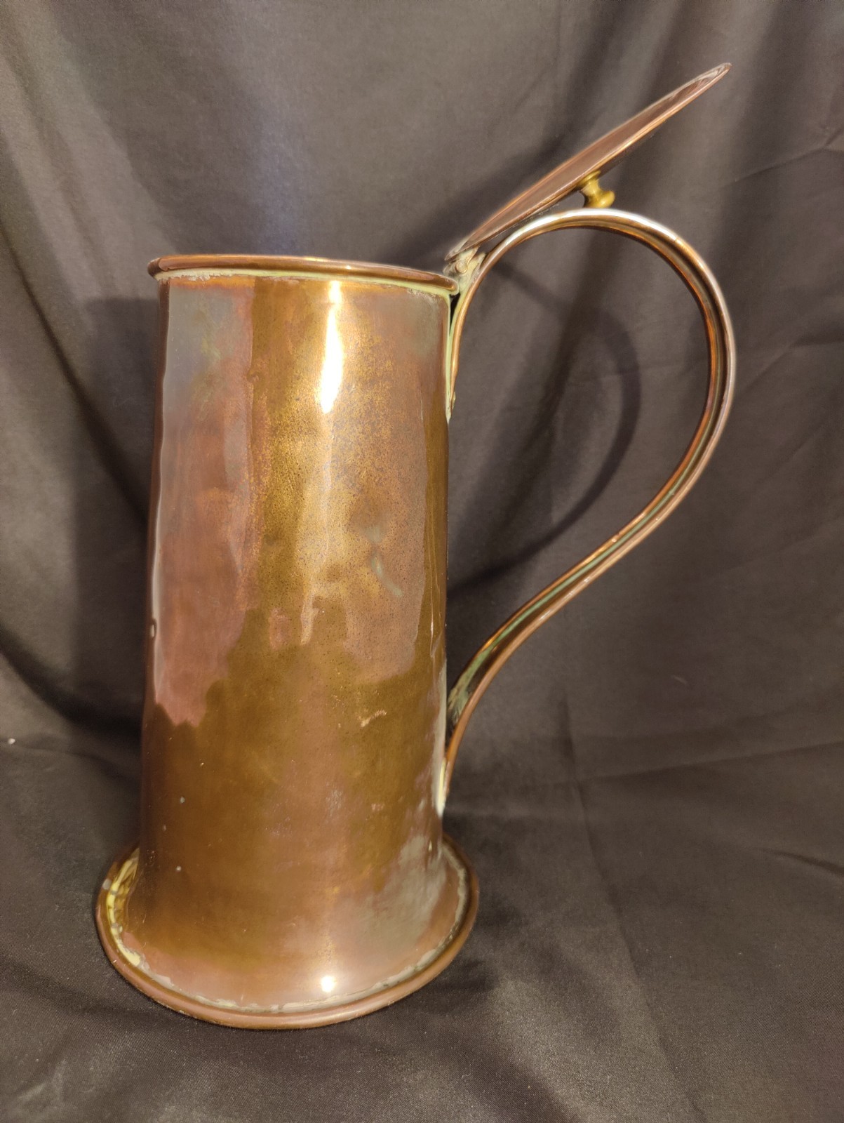 Copper Lidded Jug Pitcher 10″ Arts & Crafts Antique Vintage Metal Good Condition