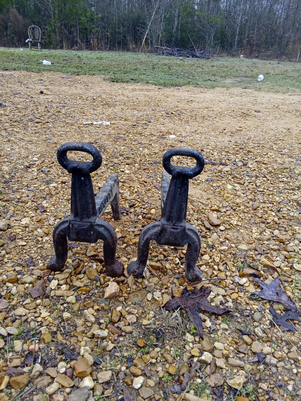 vintage fire dogs by Harper, solid iron, collectible