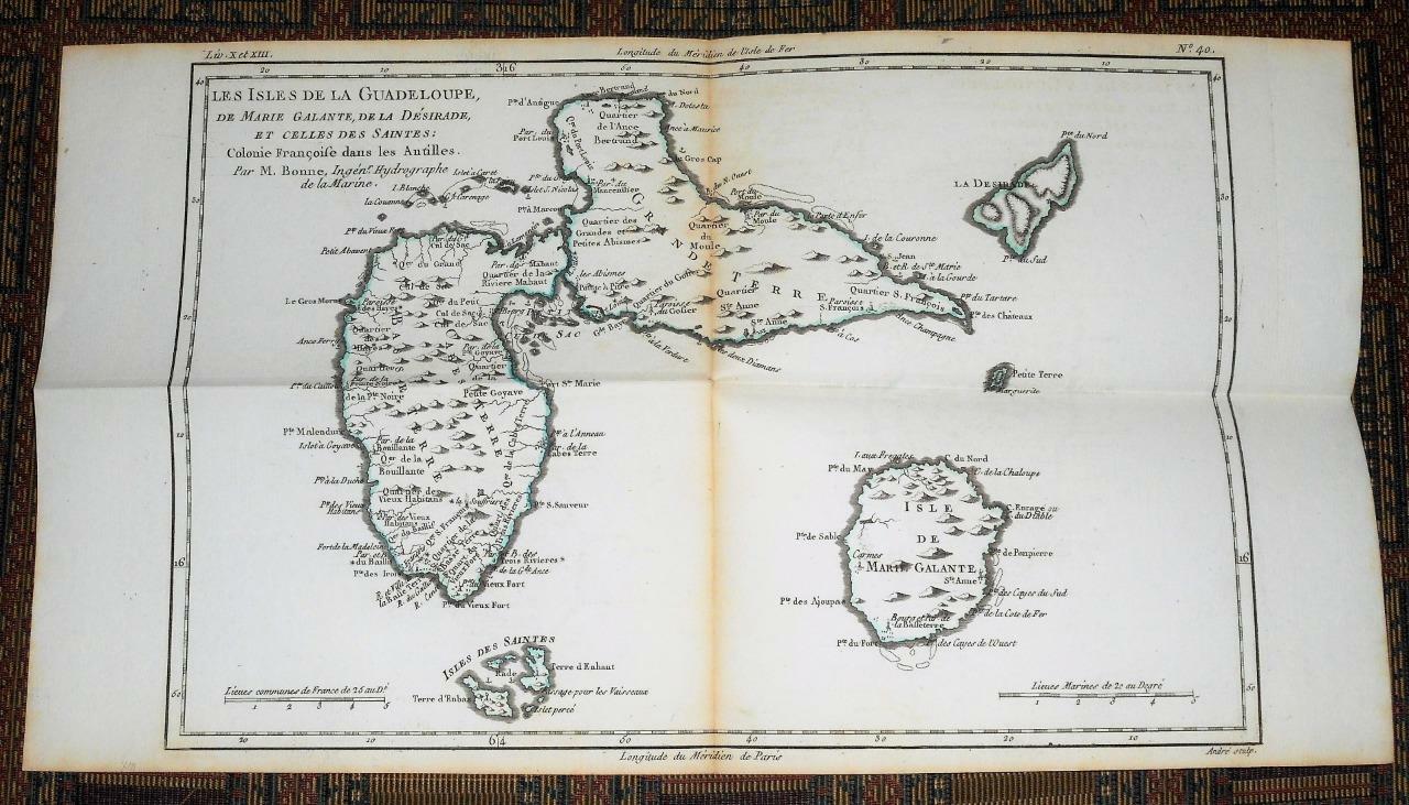 XRARE: 1780 map of Islands of Guadeloupe, West Indies by M. Bonne hand-colored