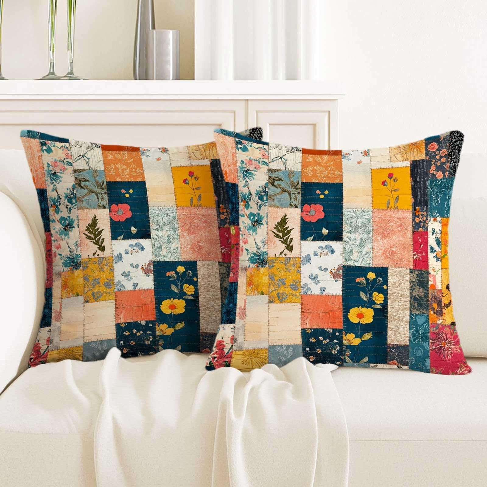 Patchwork Style Throw Pillow Covers 18×18 Set of 2 | Floral Botanical Decorat…