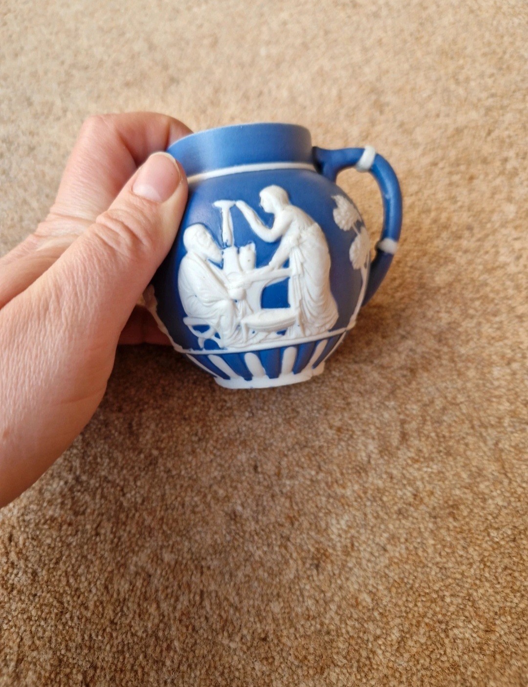 Unbranded small jug vase blue white classical relief Jasperware style
