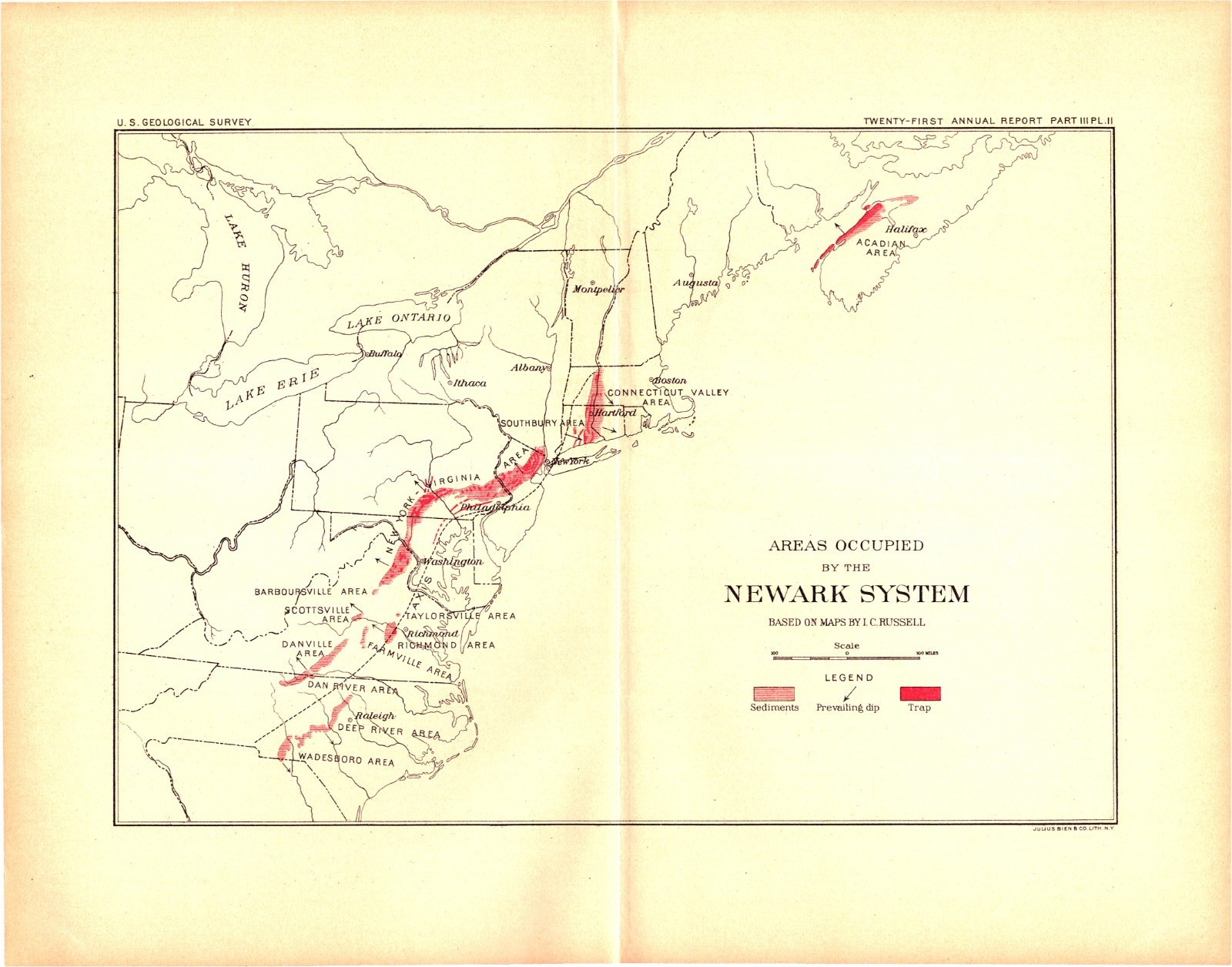 Newark System Map – Antique USGS Lithograph of Eastern U.S. Geology 1901