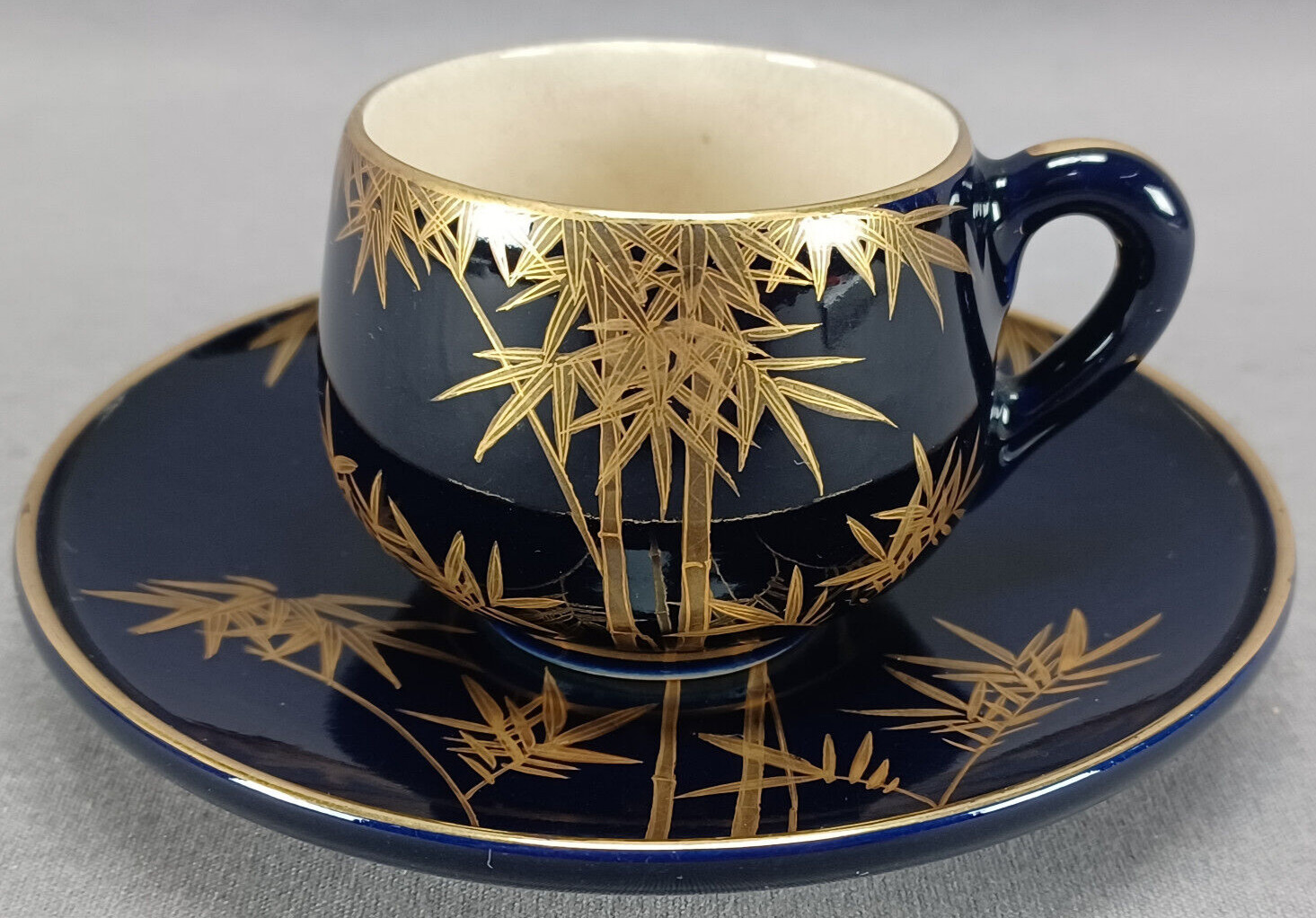 Nikko Meiji Taisho Showa Japanese Satsuma Gold Palm Trees & Cobalt Cup & Saucer