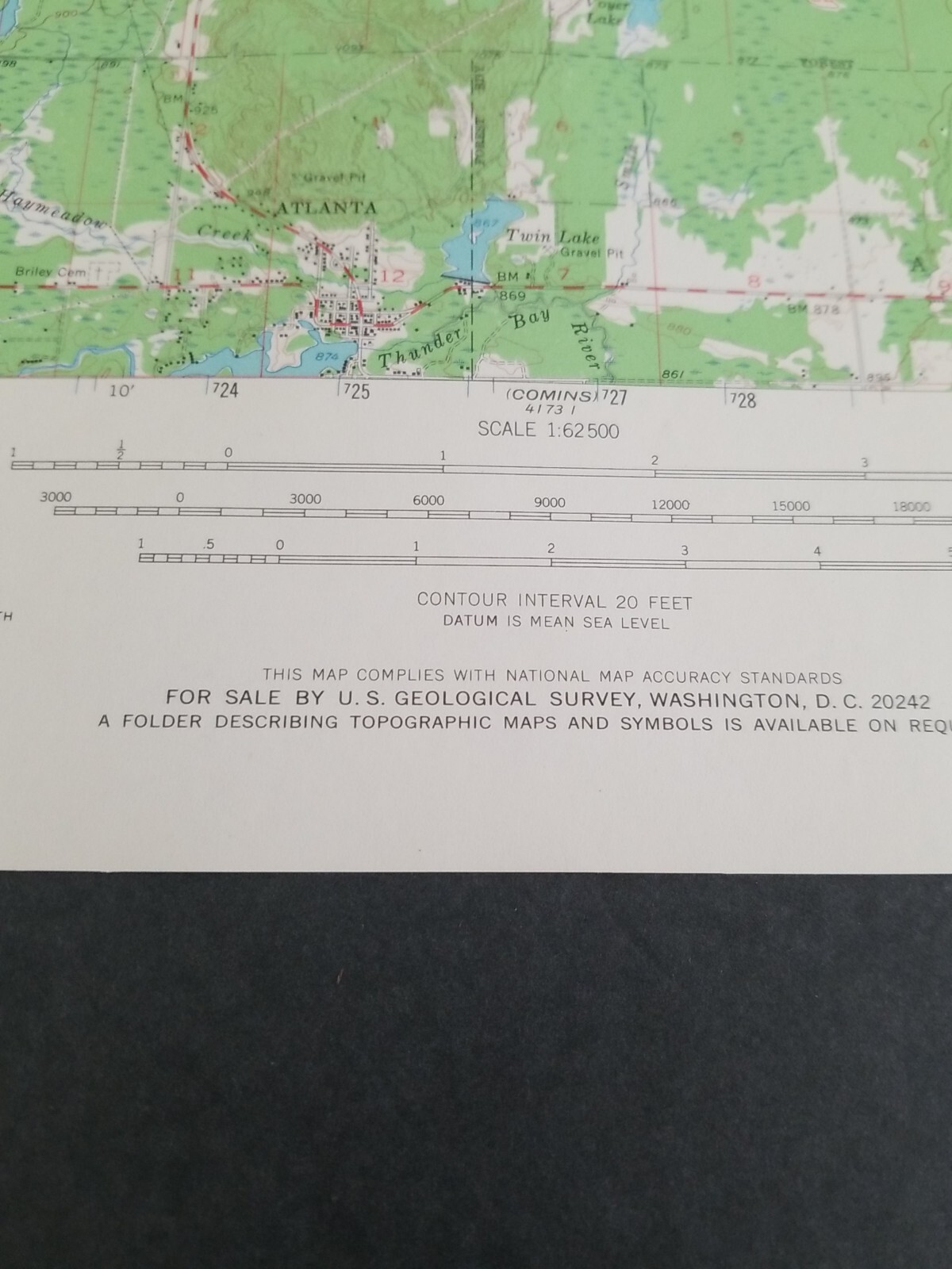 ATLANTA MICHIGAN ORIGINAL 1955 USGS QUADRANGLE 17X21 MAP EXCELLENT CONDITION