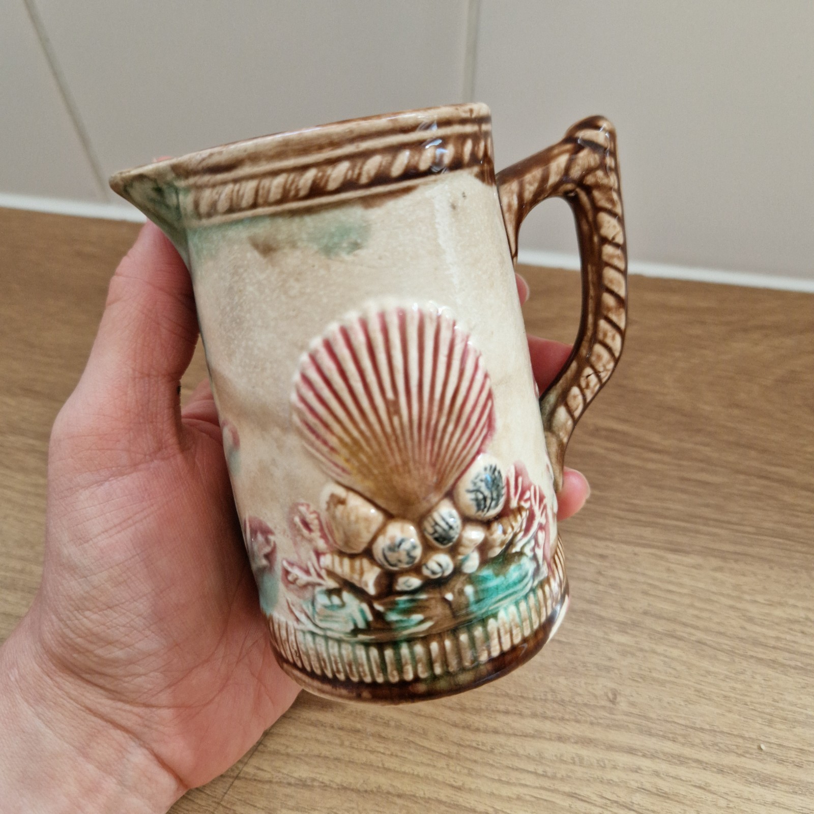 Rare Antique Majolica Jug Nautical Pitcher 1870-1880 Shell Anchor Rope Victorian