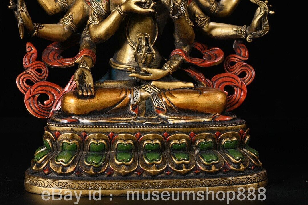 12″ Old Chinese Bronze Paintings Buddhism 3 Head 6 Arms Namgyalma Sculpture