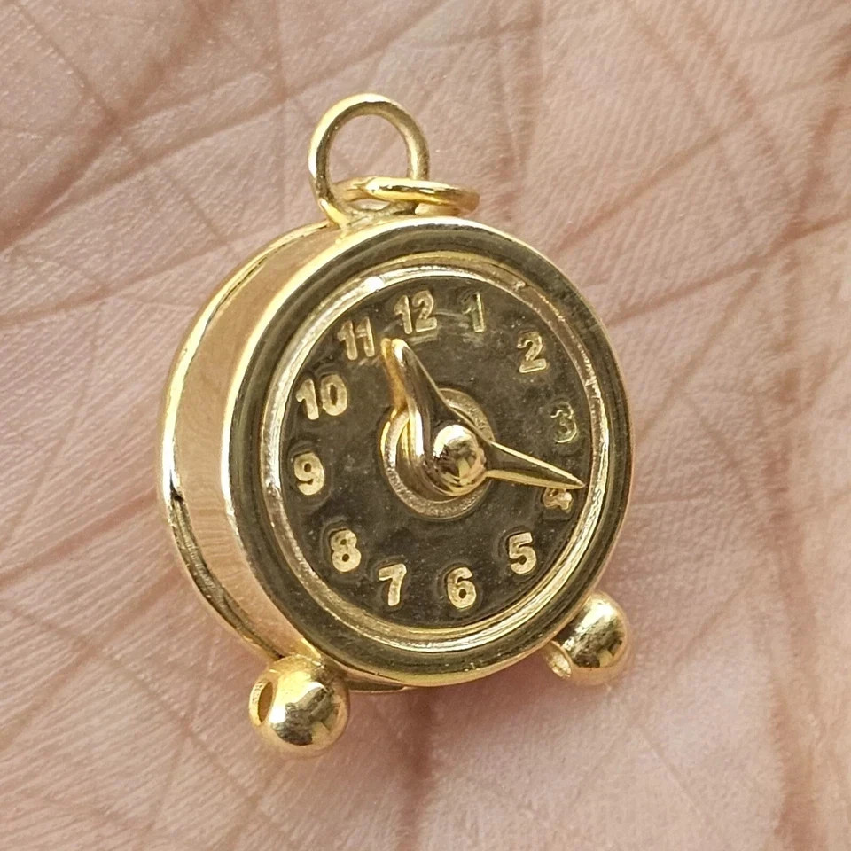 Vintage Style Clock Charm Pendant 14K Yellow Gold Plated Silver Free 18″ Chain