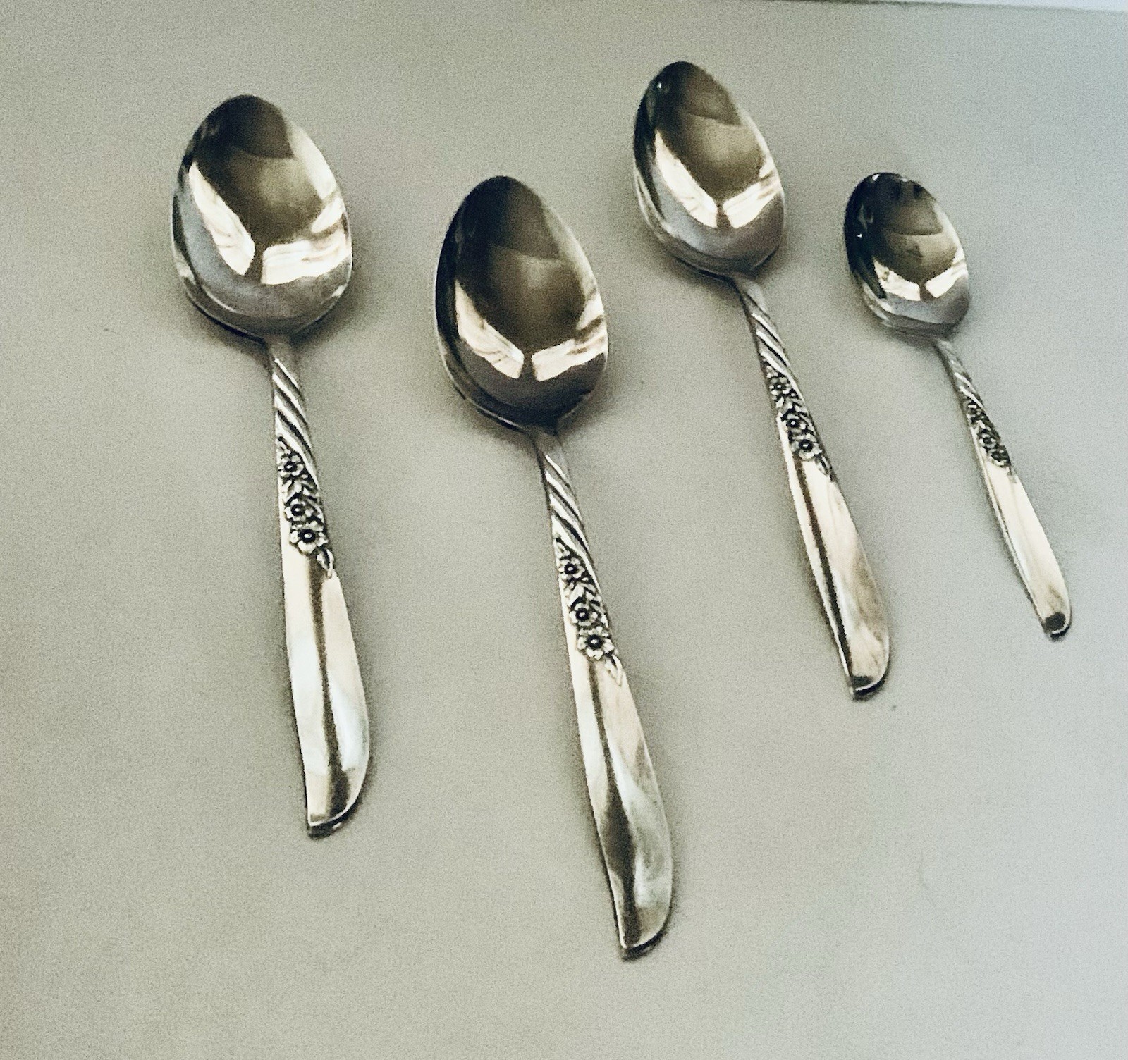 1958 WM A Rogers Silver Plate Always Wildwood 8.5” Serving Spoons /6”Sugar Spoon