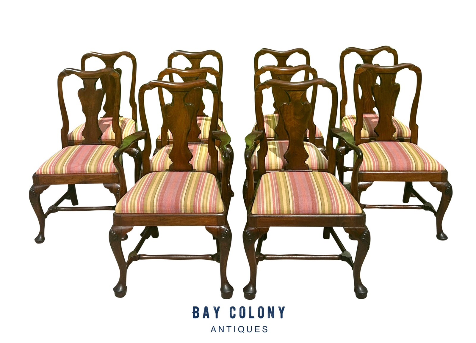 SET OF TEN QUEEN ANNE STYLE WALNUT SHELL CARVED DINING CHAIRS WITH PENGUIN BACKS