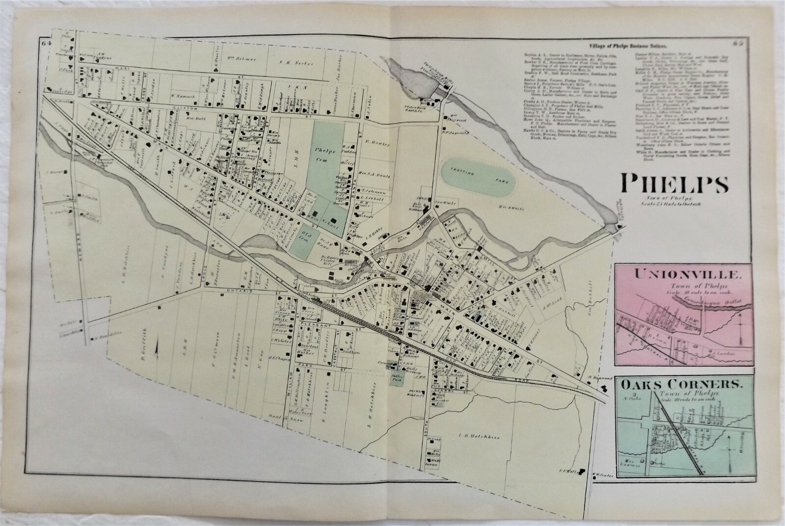 1874 NY Village of Phelps Unionville Oaks Corners Ontario Co Antique Atlas Map