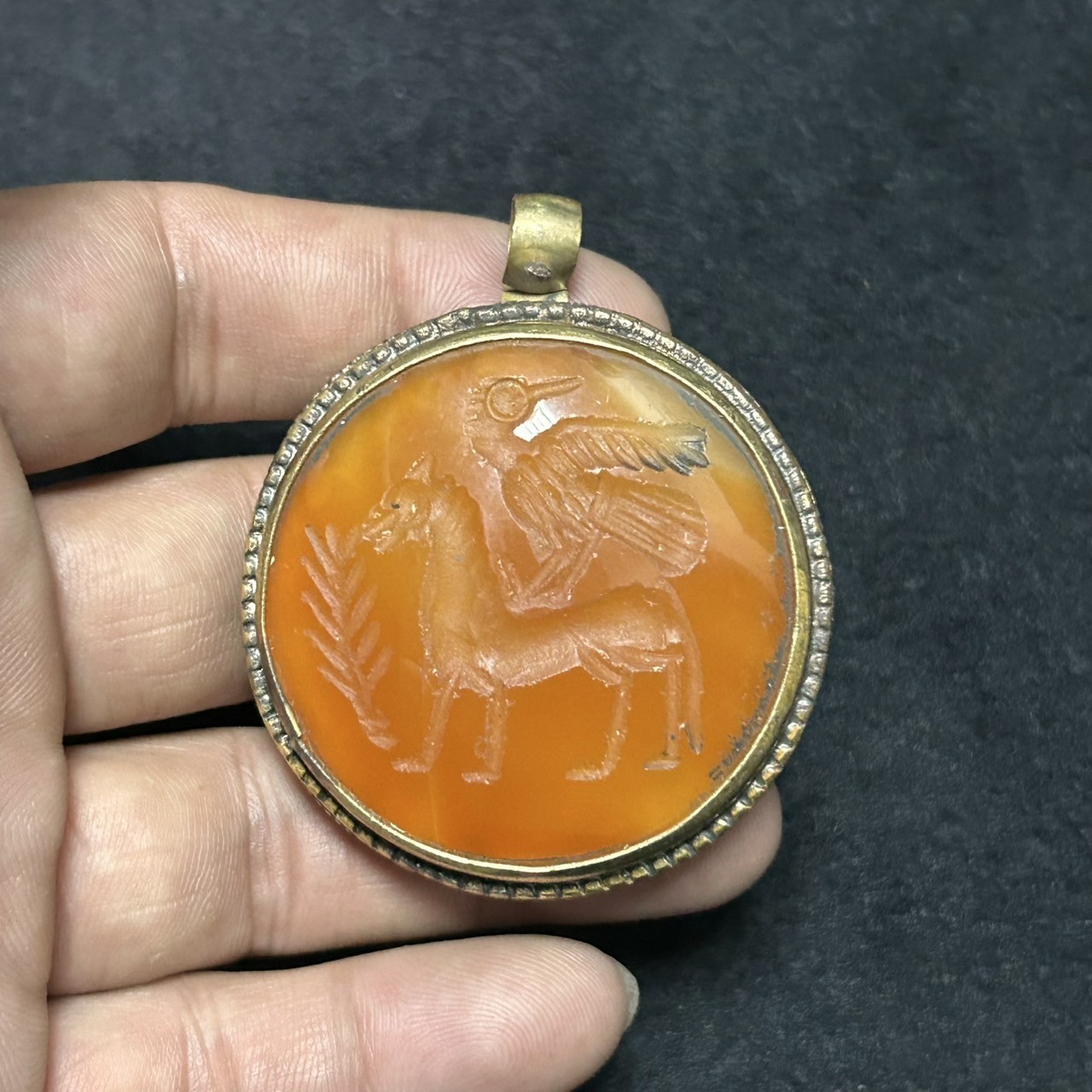 Ancient Near Eastern Carnelian Agate Stone Beautiful Intaglio Rare Brass Pendant
