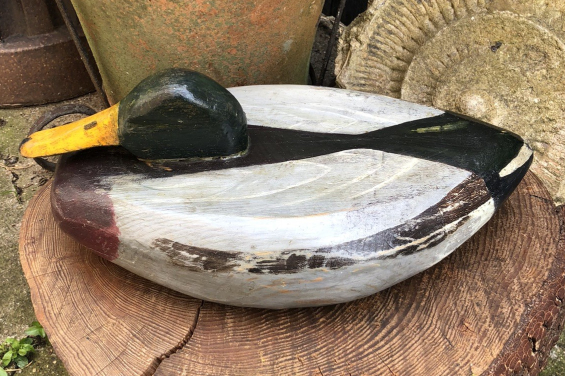 Decoy duck Vintage 20th century Hand painted wooden signed H.W.E folk art rustic