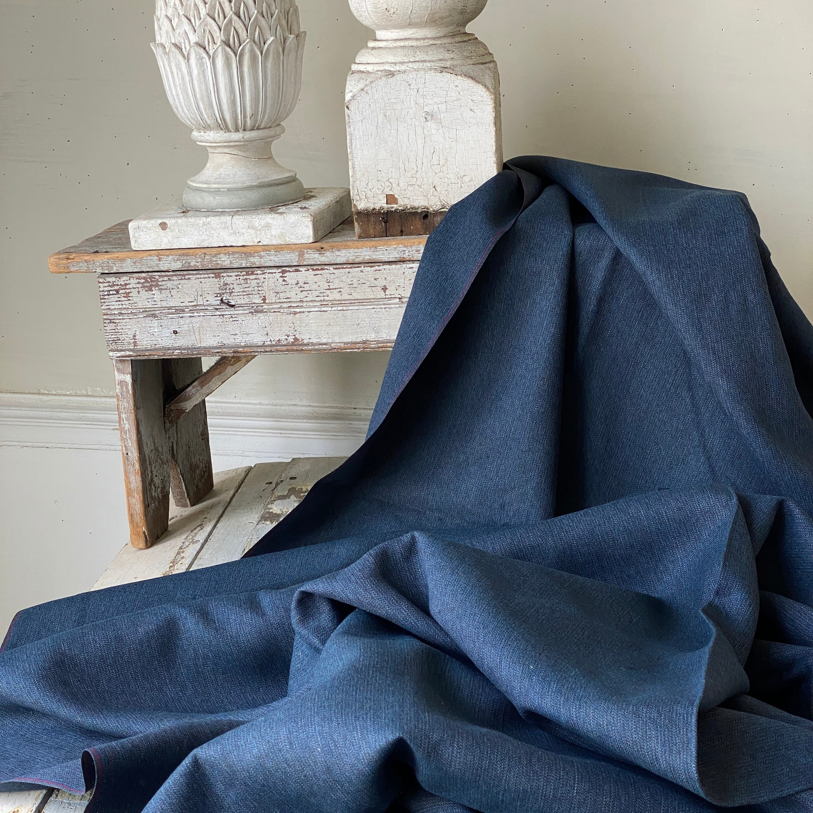 59X 57 ( 2 lengths available) French unused blue wool fabric OLD WORKWEAR woven