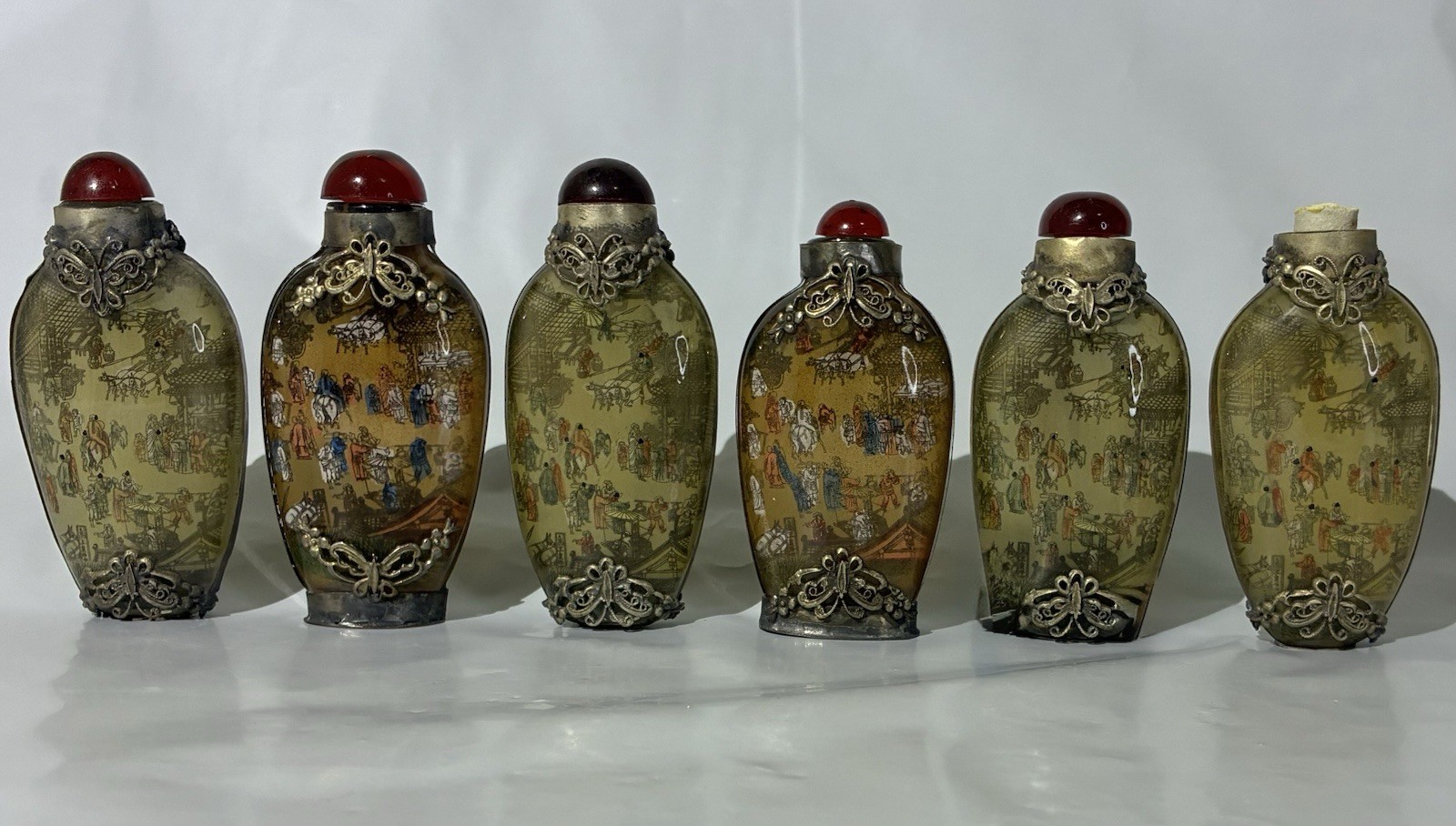 Antique Sterling Silver Trim Filigree Snuff Bottles Reverse Painted Chinese Vtg