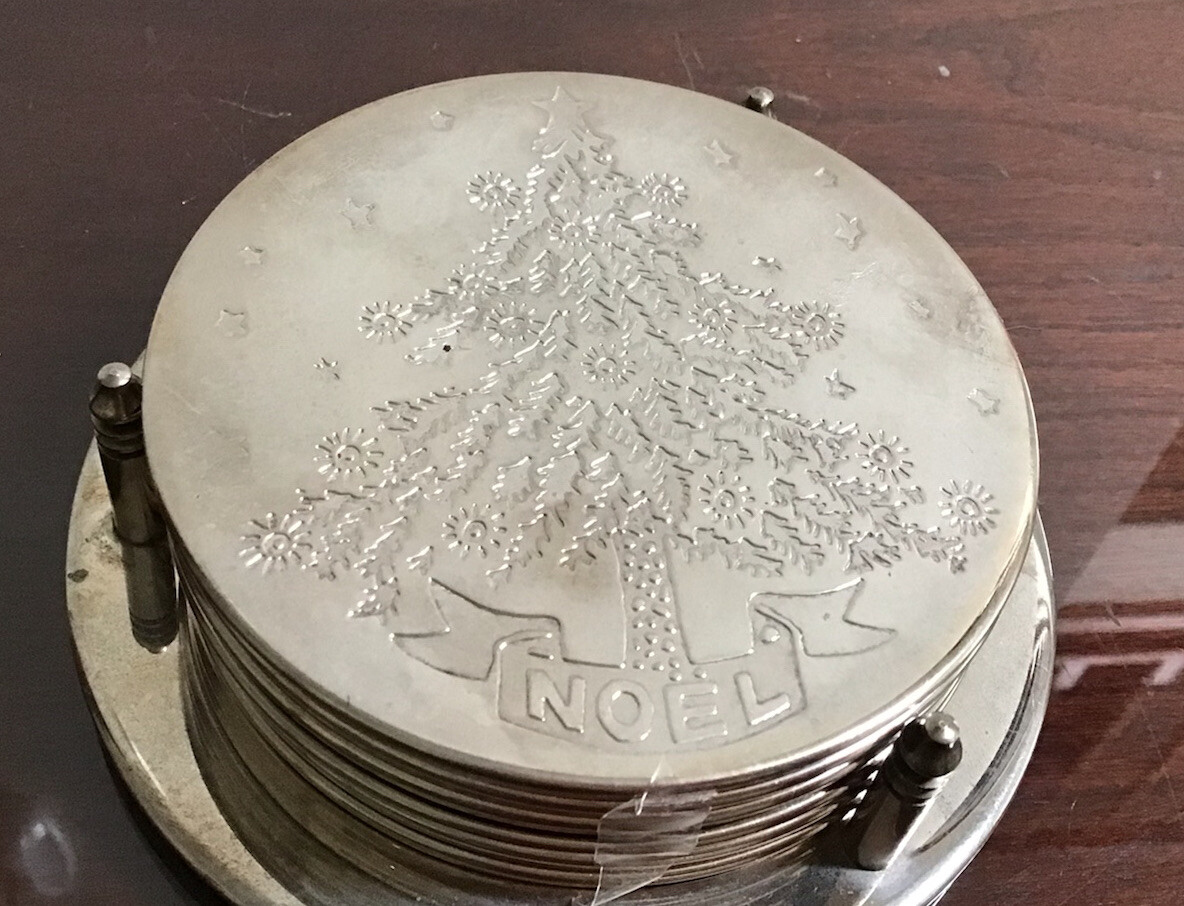 SilverPlate Set Of 6 Coasters With Base Noel Christmas Tree Vintage 3.5”D