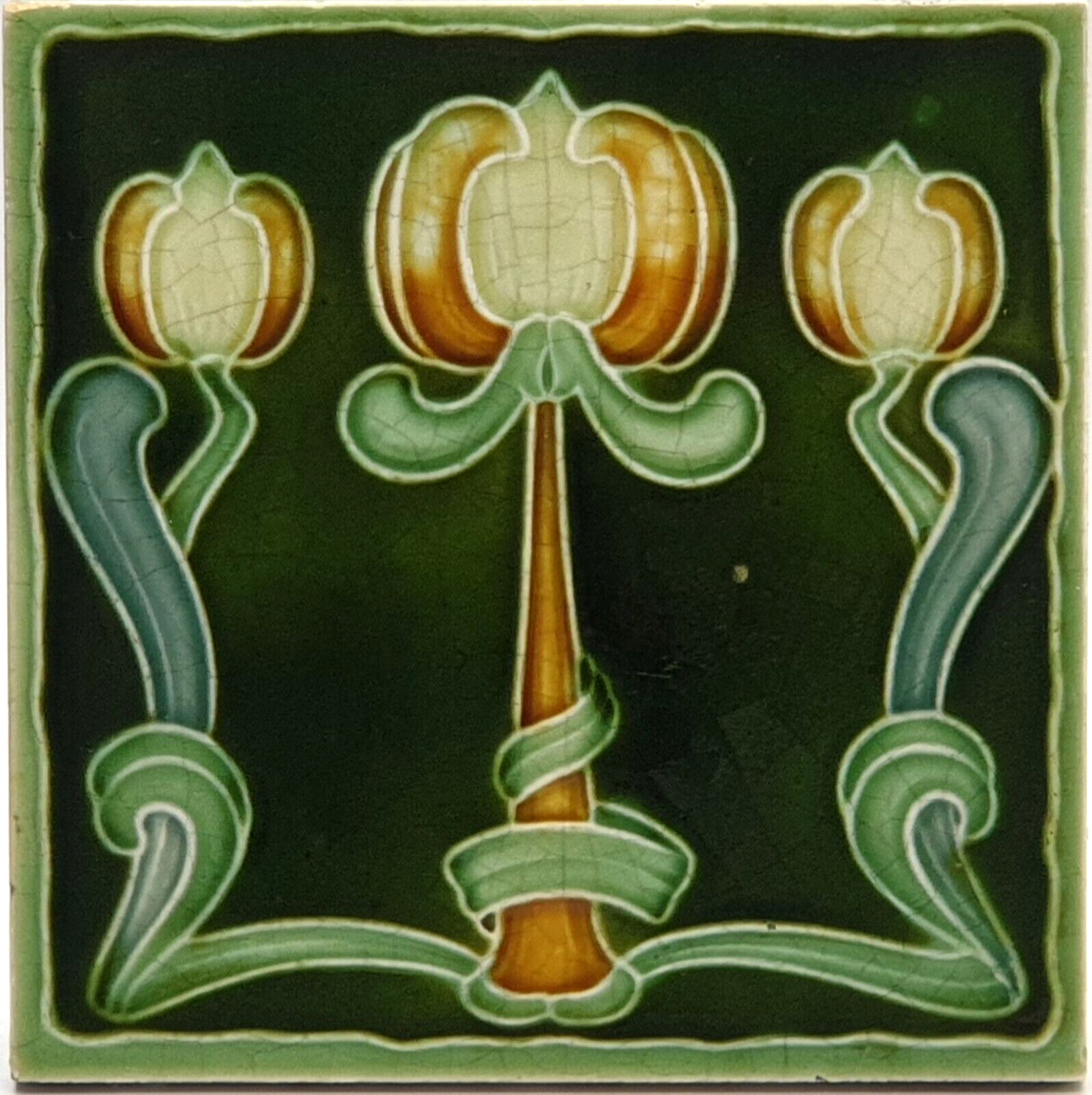 Art Nouveau Majolica Tile Green Triple Tulips Henry Richards Tile Co C1905