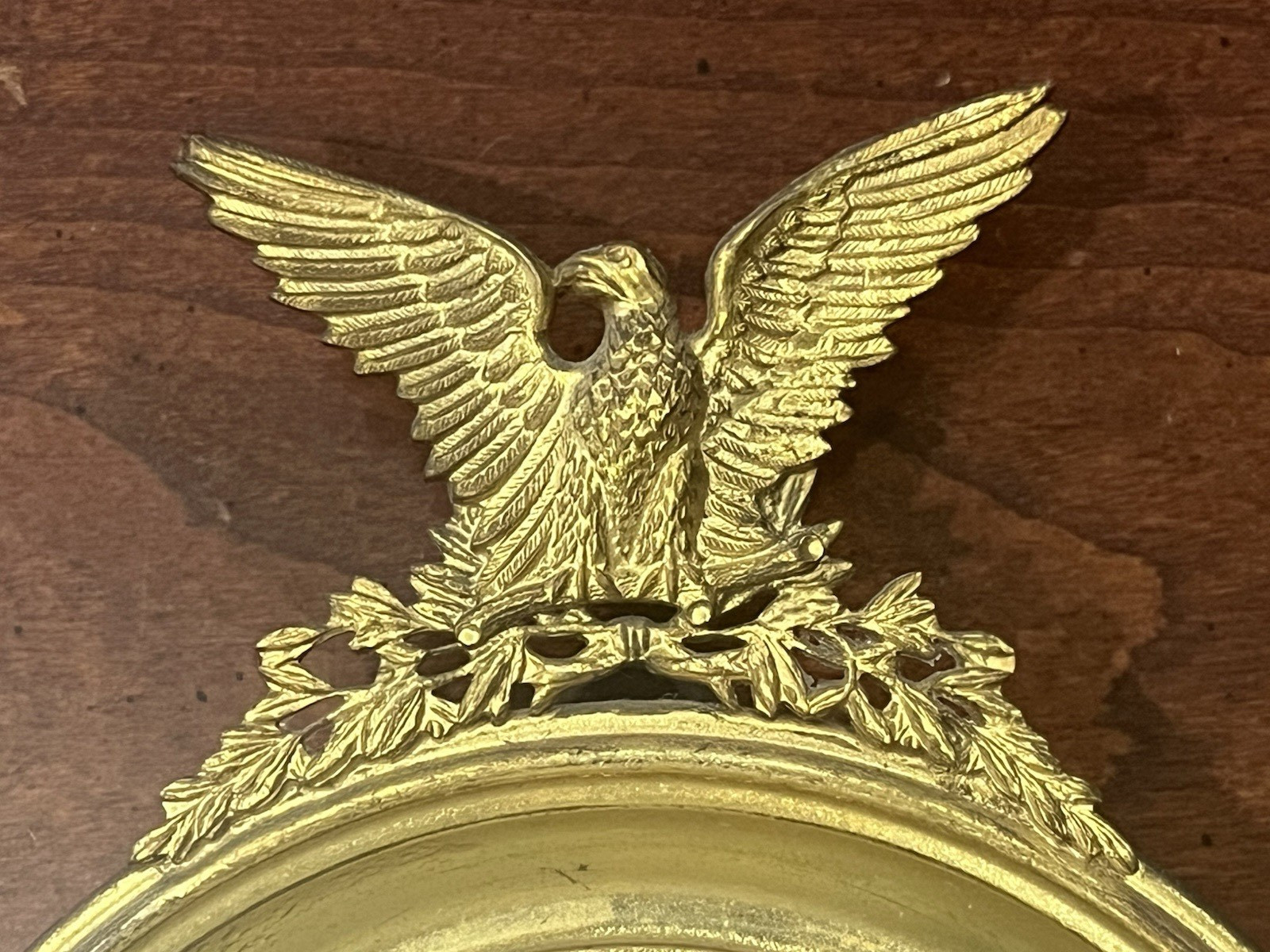 Vintage Pair of Small Gilt Brass American Eagle Crest Convex Mirrors