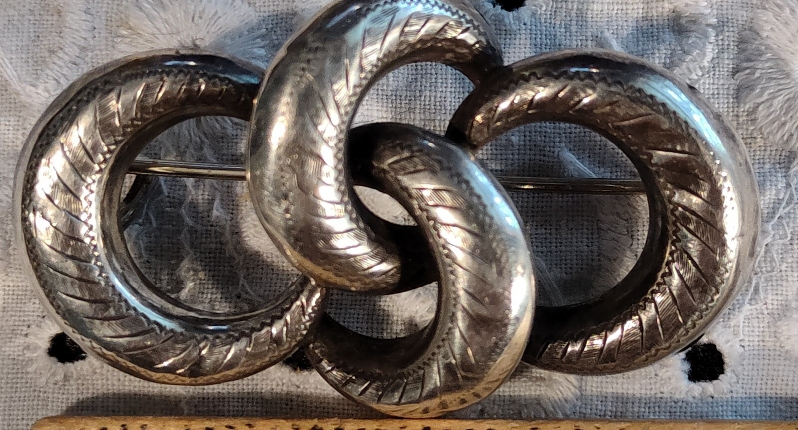 Victorian Sterling Love Knots Etched 2″ Pin Hinged C-Clasp 9.4g Unmarked