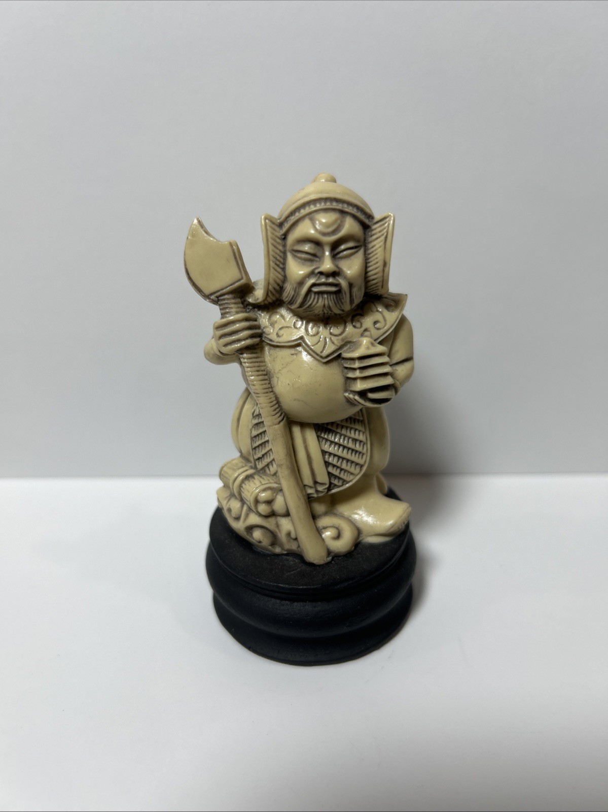 Japanese Highly Detailed Hand Carved Netsuke Warrior on Wood Base
