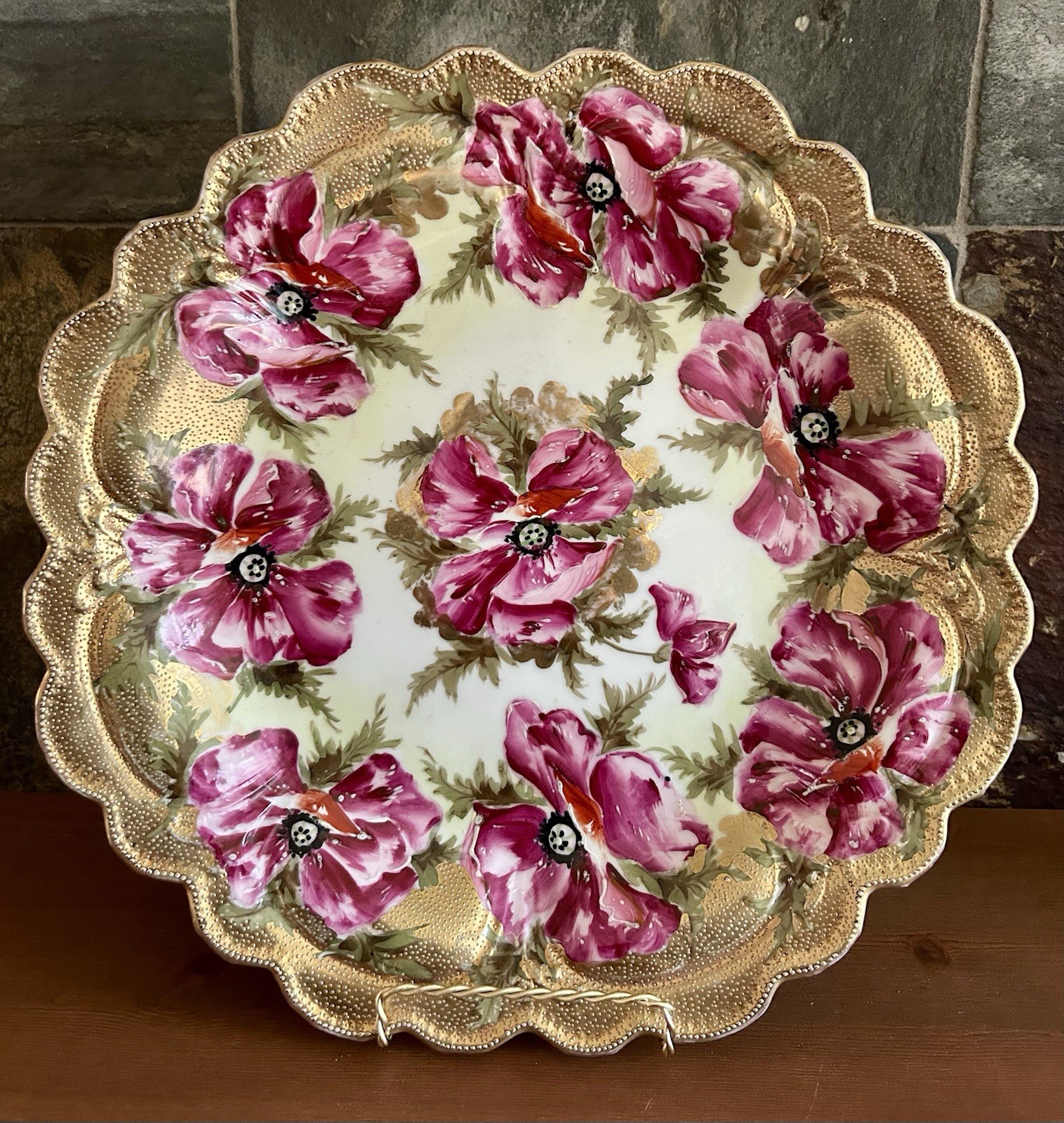 Royal Kinran Nippon Porcelain Plate Poppies Beaded 22K Gold 12.5″ Early 1900s