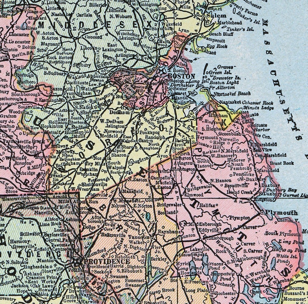 1899 Georg Cram Map Massachusetts Rhode Island Cape Cod Plymouth Salem Newport