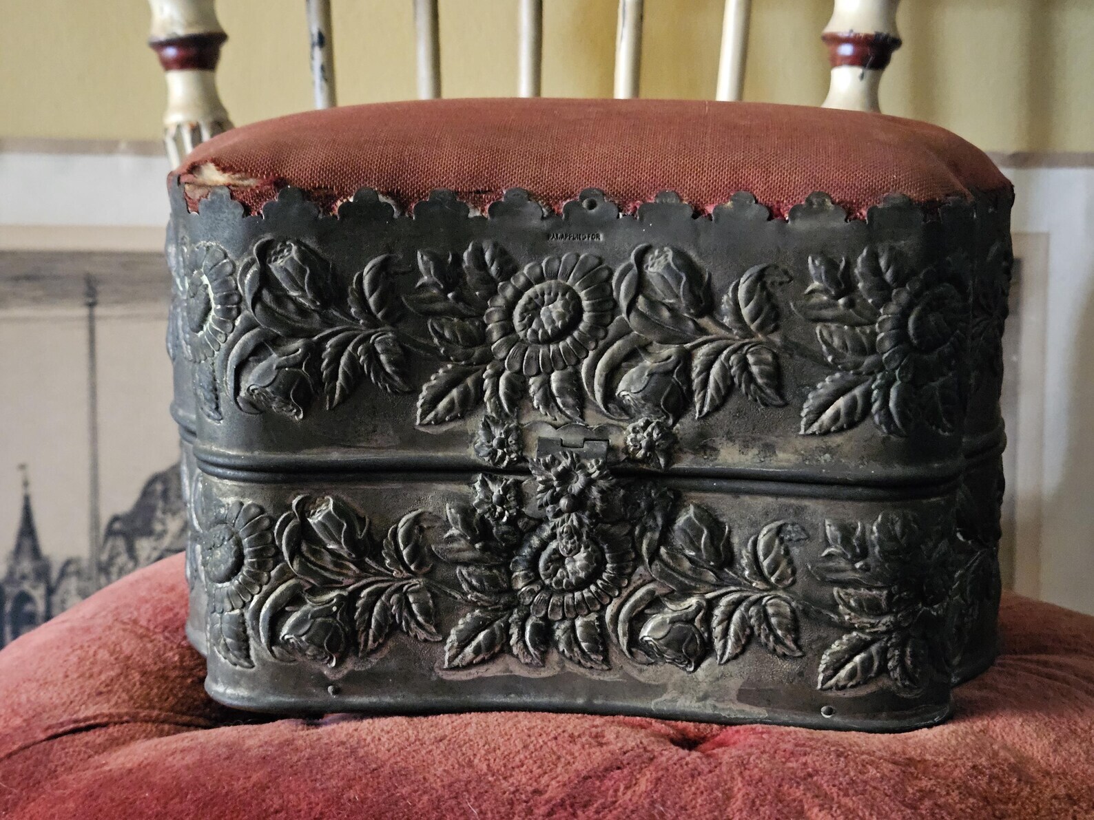 Antique Silver Collar Box with Repousse Flowers and Red Fabric, Victorian Silver