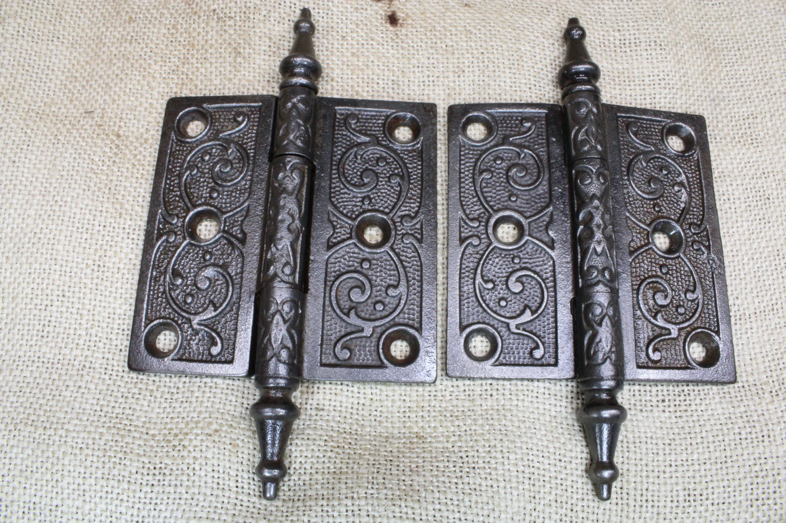 2 Old Door Hinges 3 1/2 X 3 1/2″ Large Steeple Top Vintage Victorian Iron Atlas