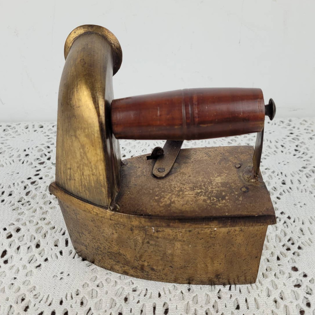 Antique Brass Wood Handle Charcoal Steam Sad Iron with Chimney 1900 1920s 1930s