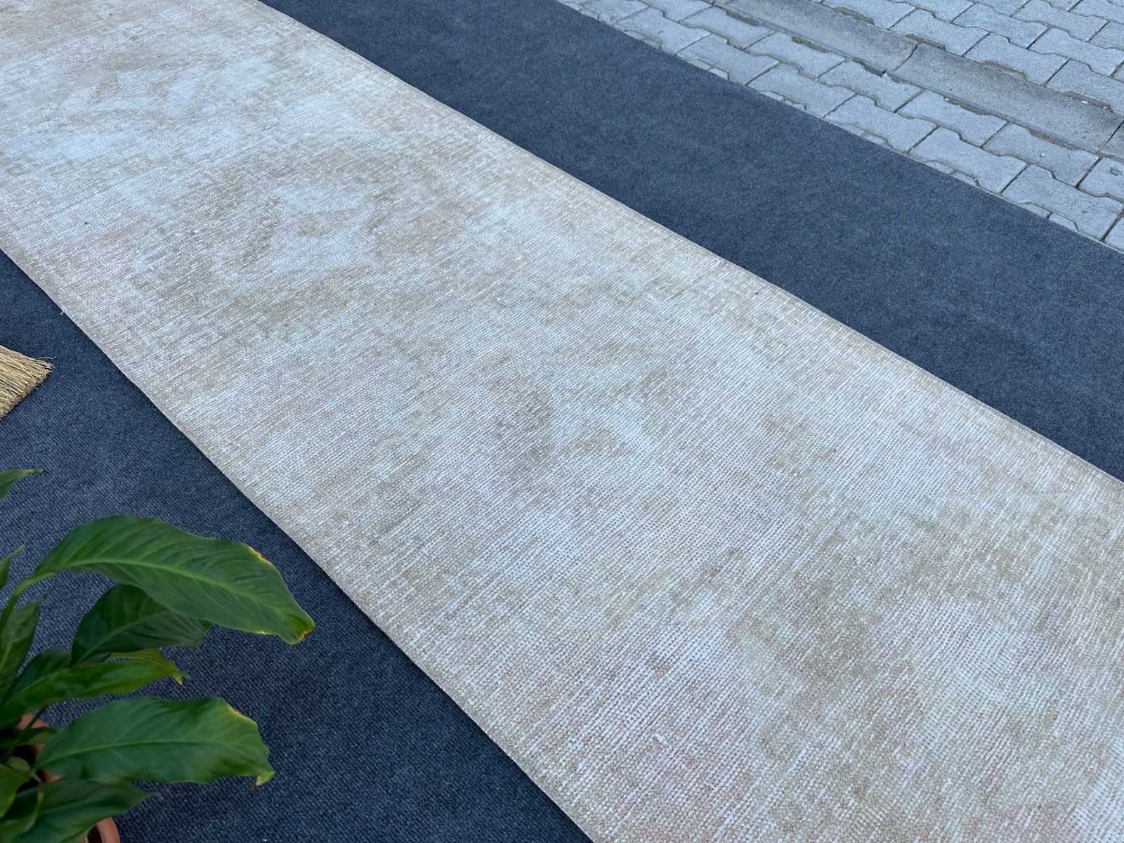 3′ x 11′ Vintage Neutral Runner Rug, Turkish Oushak Wool Beige Kitchen Runner