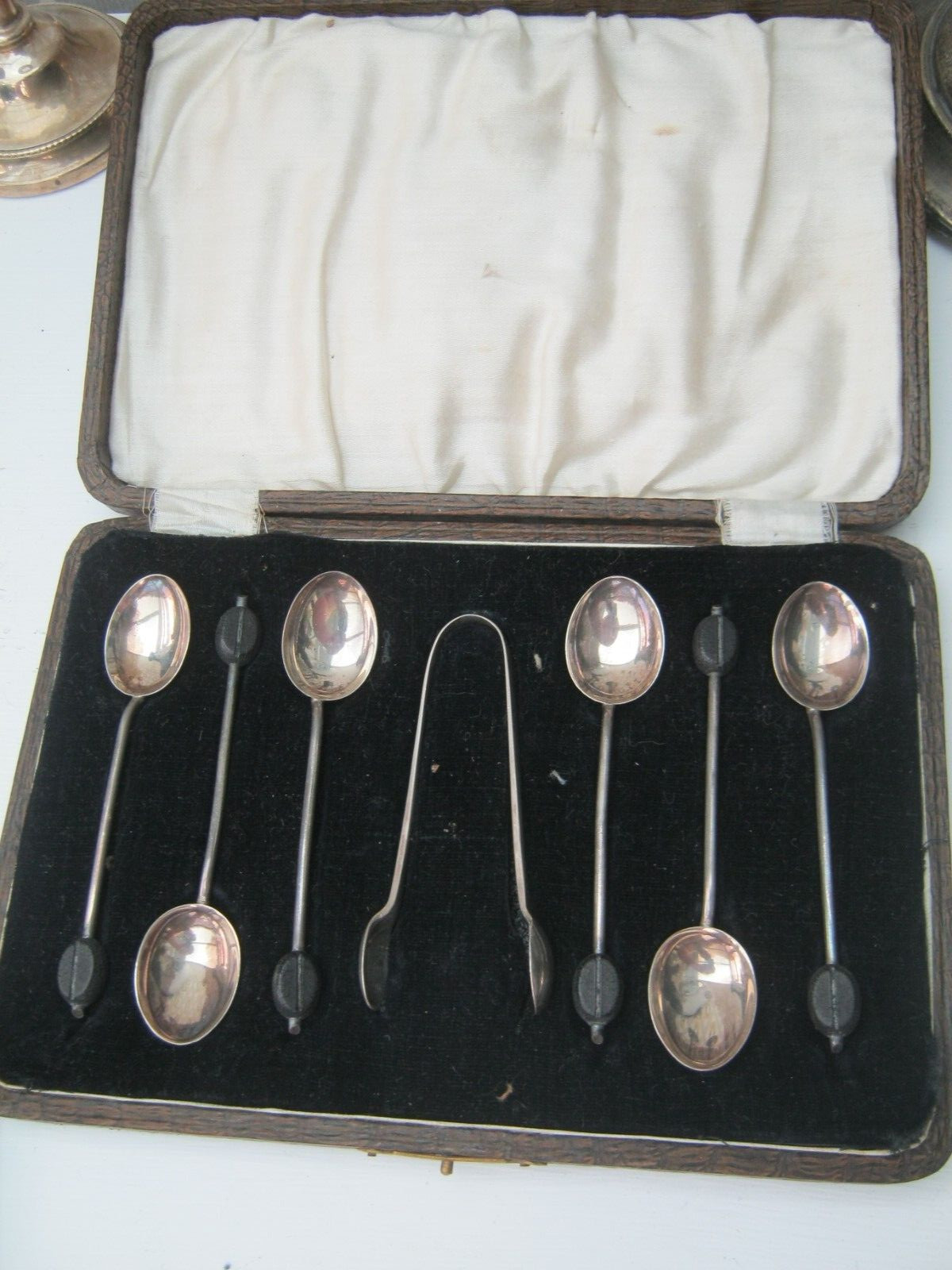 Birmingham 1924 Rare Sterling Silver Coffee Bean Tea Spoons & Sugar Nips Tongs
